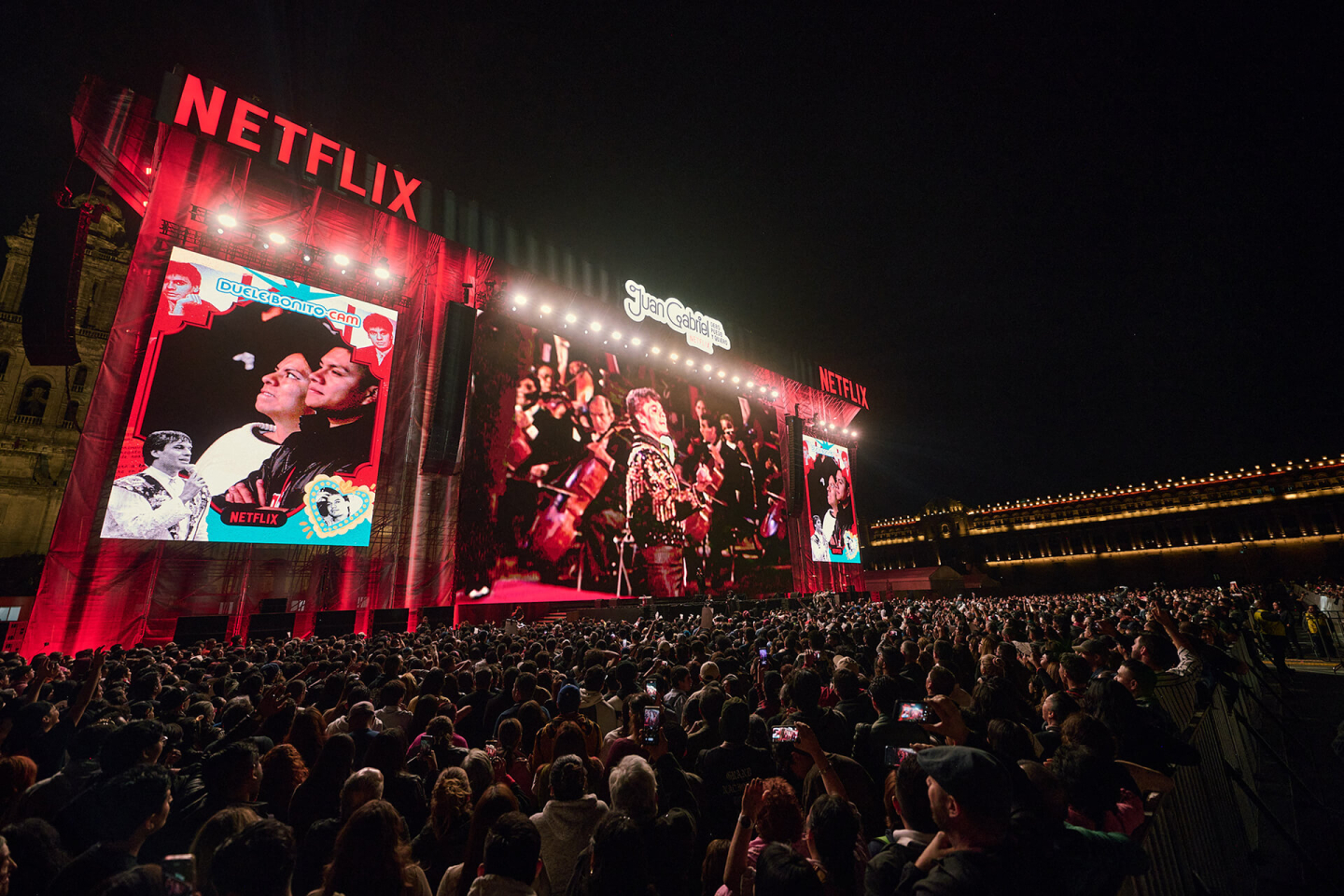 The stage at the Zócalo for the Juan Gabriel Netflix screening with Juan on screen with thousands of fans attending.
