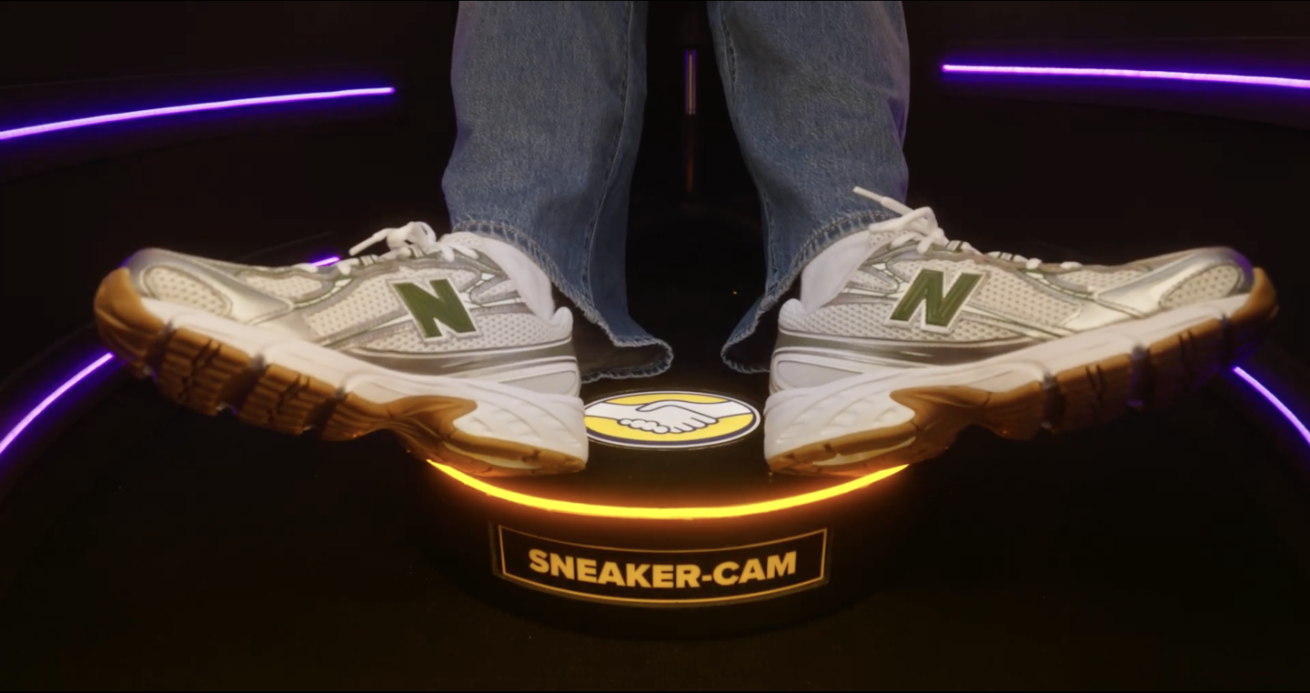 A set of New Balance sneakers being shown on the Sneaker Cam for the live stream viewers.