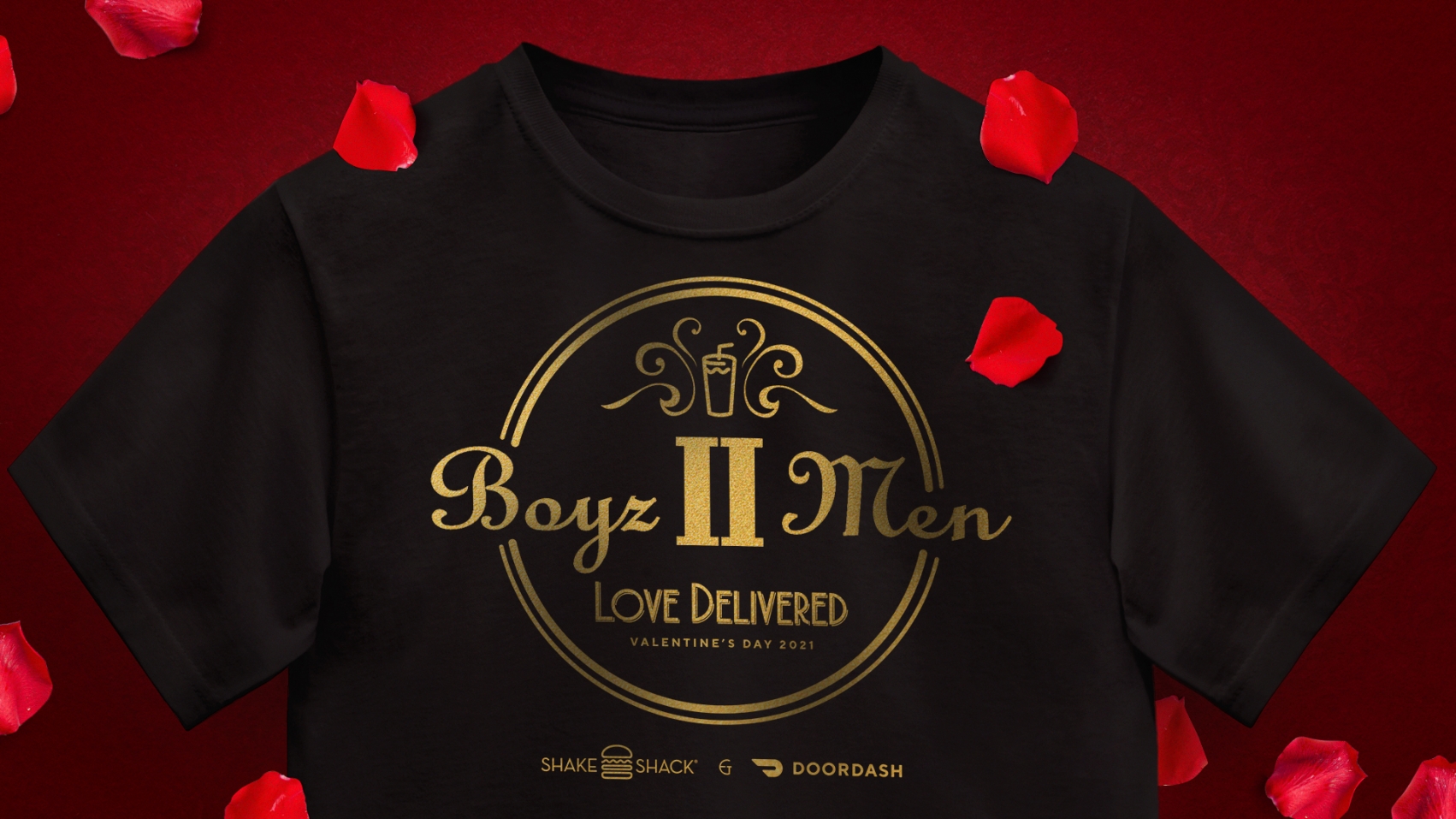 A black shirt with Boyz II Men logo and rose petals