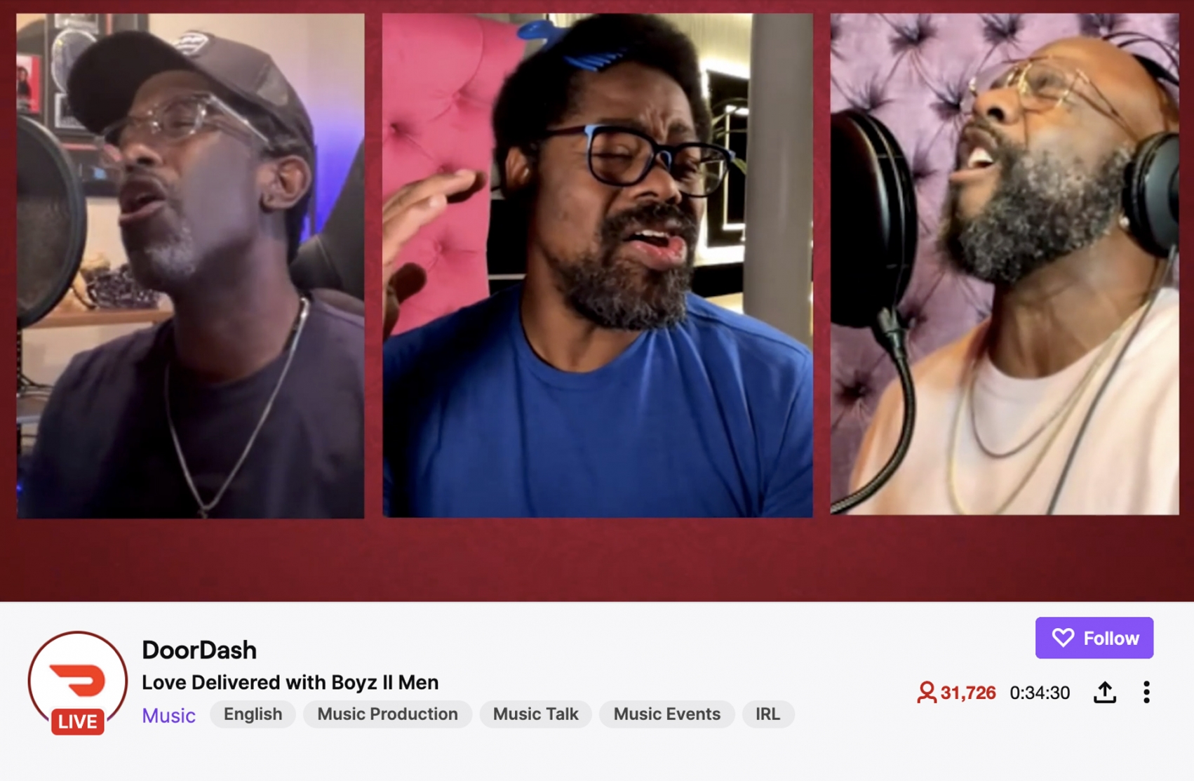Boyz II Men singing during a live stream part of the DoorDash campaign