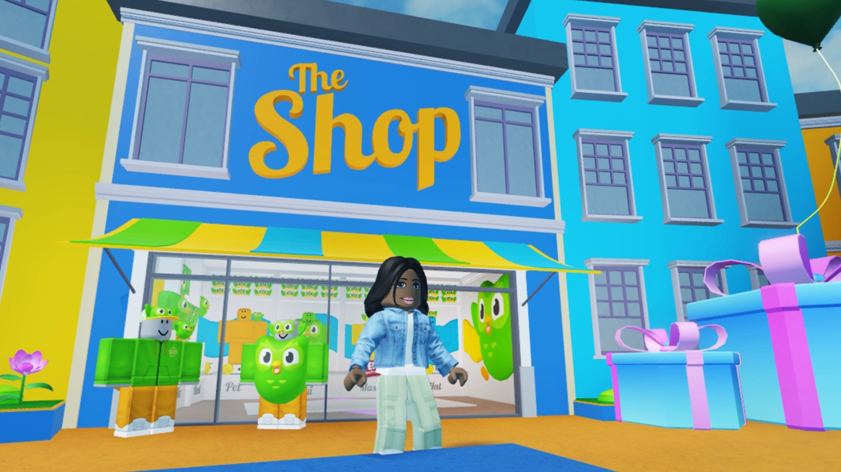 An avatar standing outside of colorful buildings