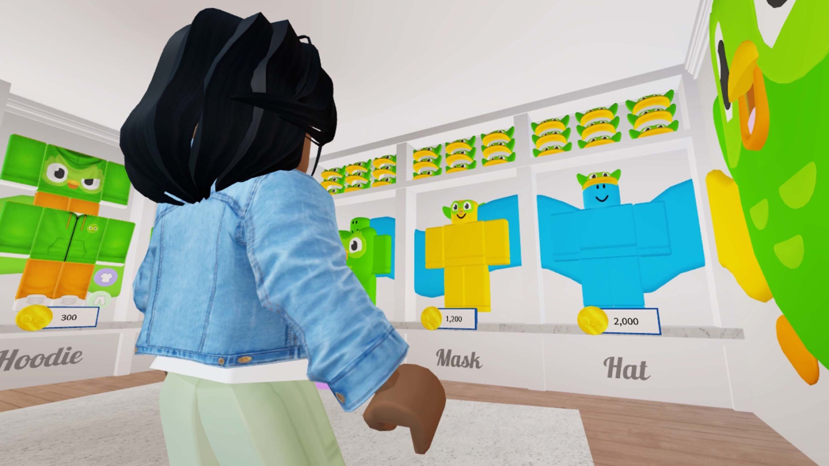 A POV of an avatar in a duolingo classroom in roblox