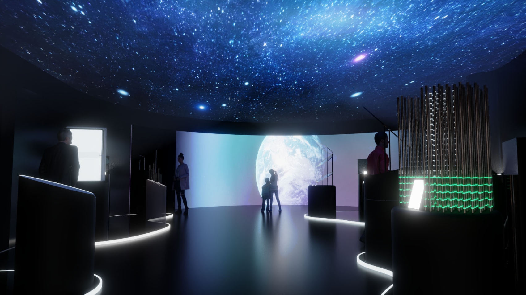 A dark room with colorful exhibit pieces and a space visual on the ceiling