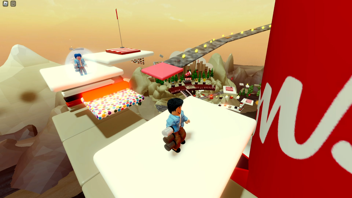 An avatar jumping from platform to platform in tim hortons world in roblox