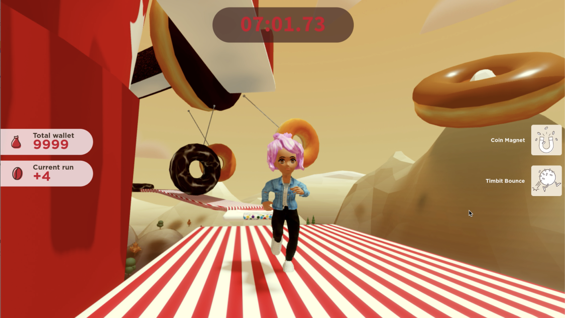 A avatar runs on a stripped pathway