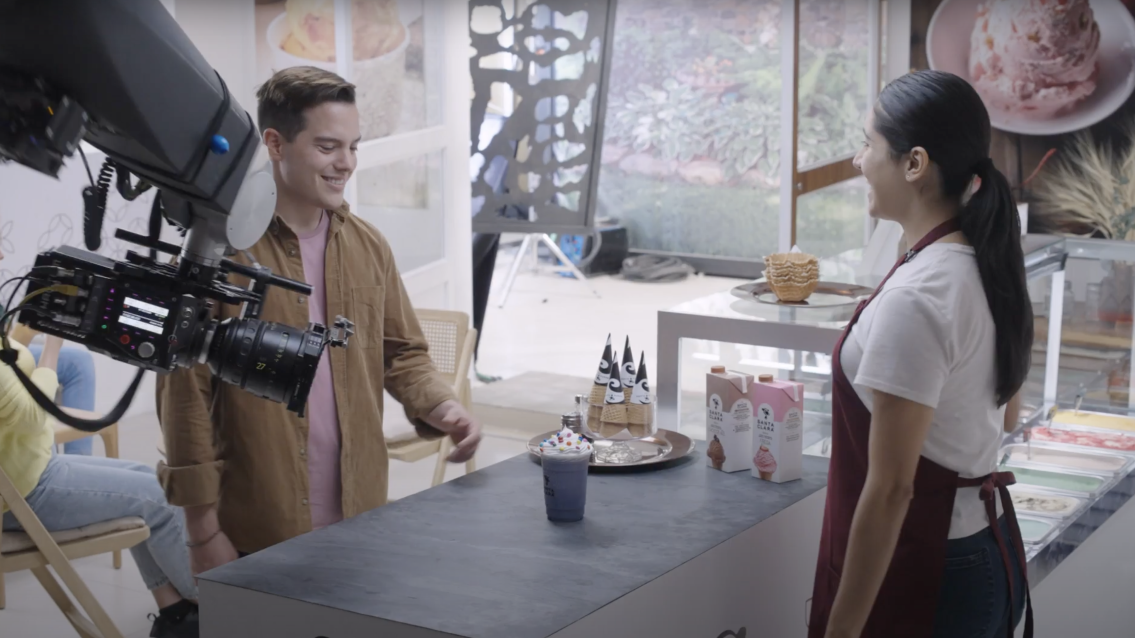 Two camera set up filming two people in a santa clara commercial