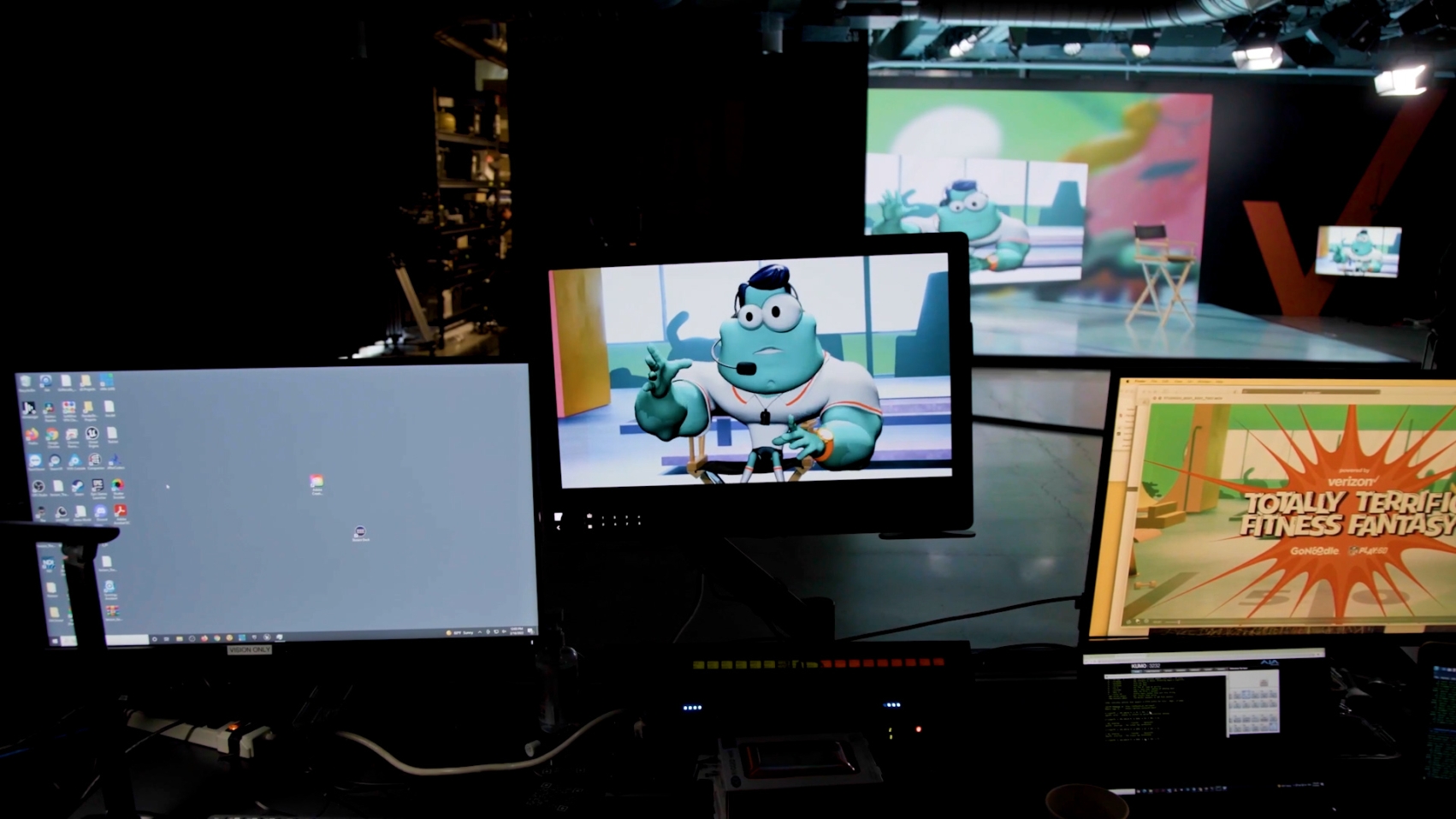 A bunch of computer monitors showing what's being filmed live