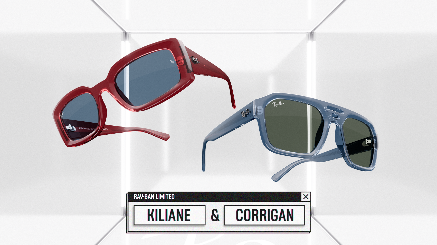 The image showcases two pairs of sunglasses with the brand names "Killane & Corrian" displayed on them. One pair of sunglasses features red frames and blue lenses, while the other pair has a black frame with reflective blue lenses.   In the upper section of the image, the text "Ray-Ban" is repeatedly written across the glasses, employing a repetition pattern. This repetition of the brand name emphasizes its prominence.   At the bottom of the image, the sunglasses are labeled as "RAY-BAN LIMITED" and "KILIAN