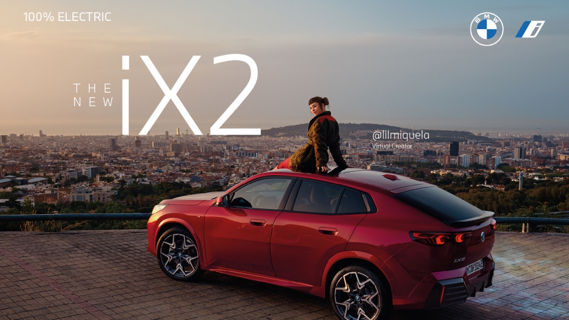BMW The new iX2 car in red seen from the back. Lil Miquela is sitting on top of the roof of the car. The car looks out on the city below.