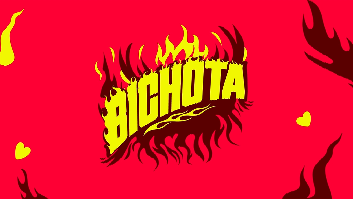 Image with a bright red background. In the middle you see the copy 'Bighota' in yellow flame letters.
