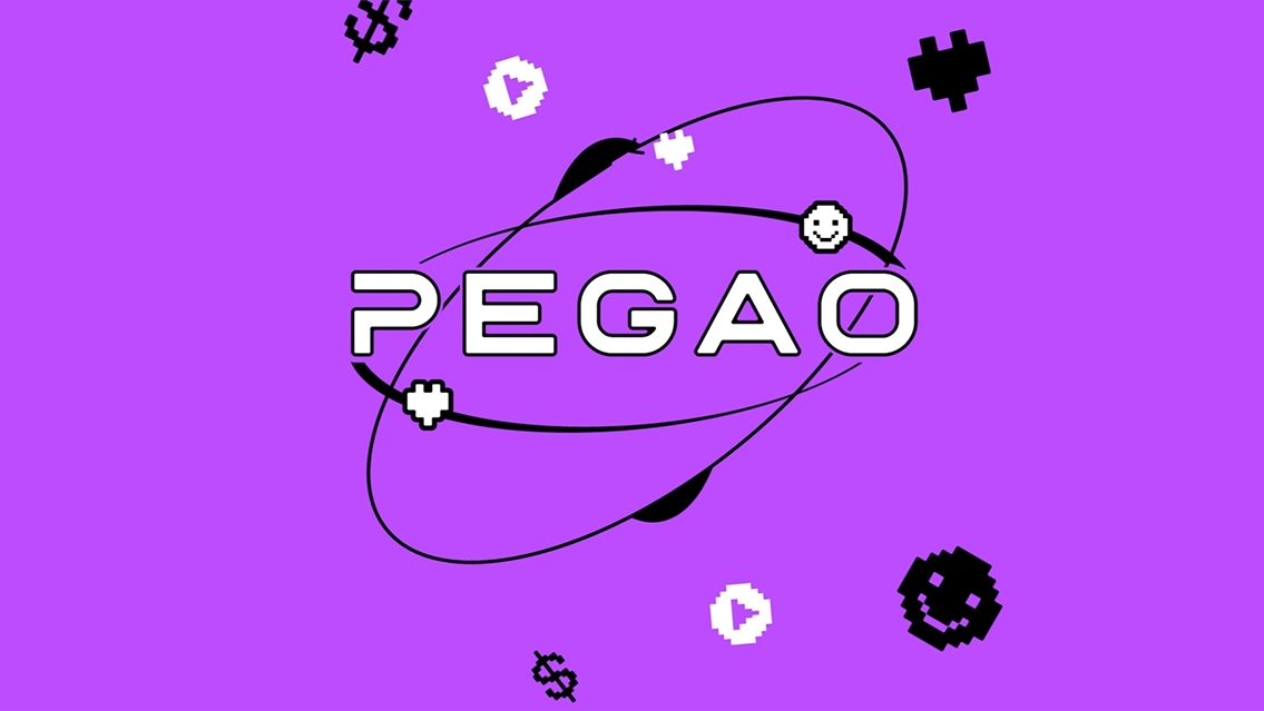 Image with a bright purple background. In the middle you see the copy 'Pegao' in white with black lines and small illustrations around it.