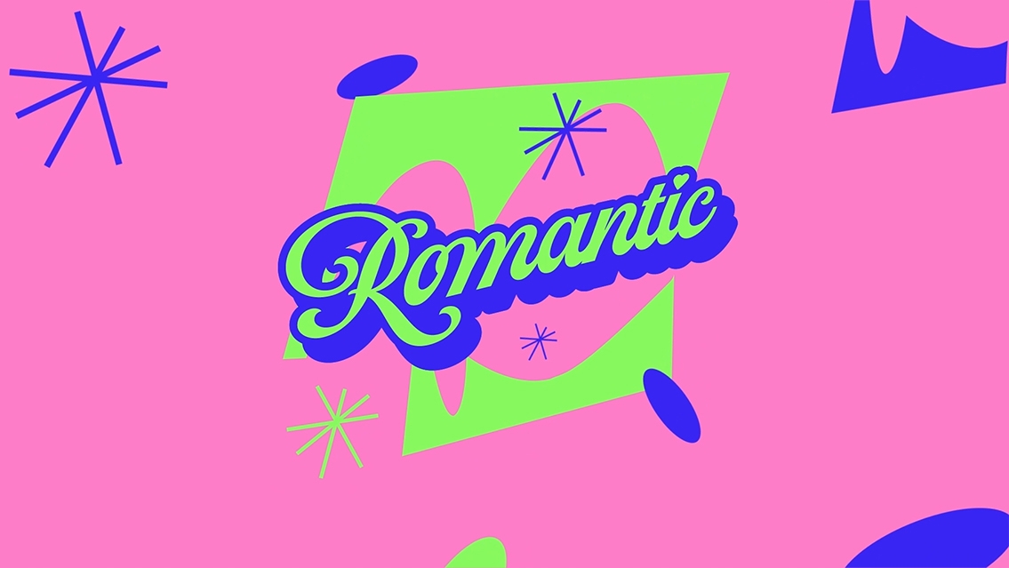 Image with a bright pink background. In the middle you see the copy 'Romantic' in green and blue graphic letters.