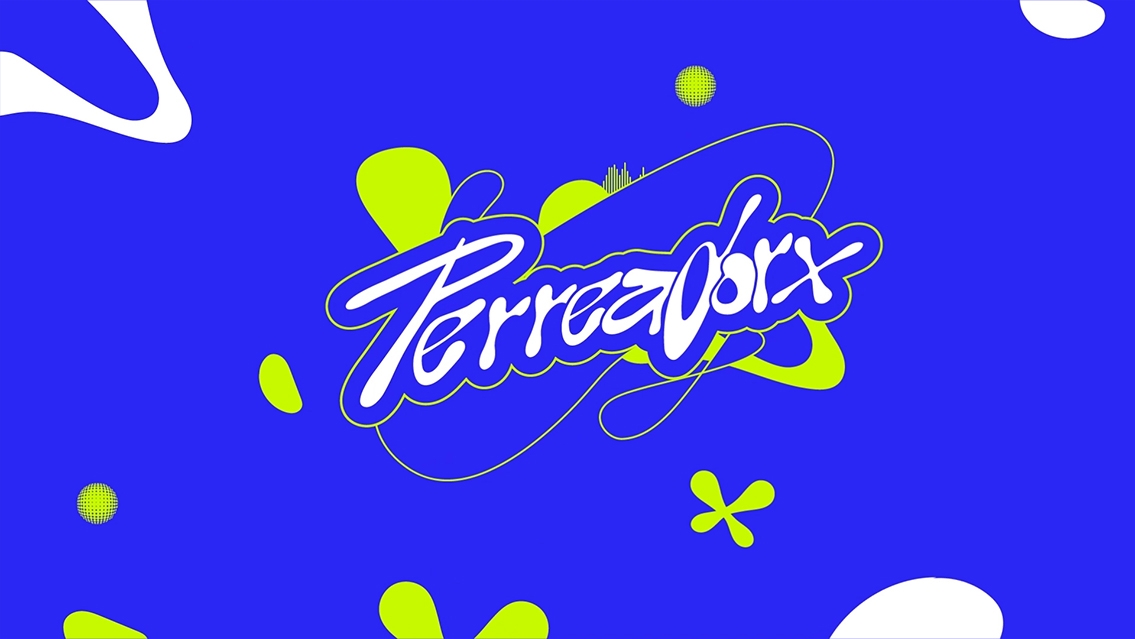 Image with a bright blue background. In the middle you see the copy 'Perreadorx' in white illustrated letters with a green shape behind it.