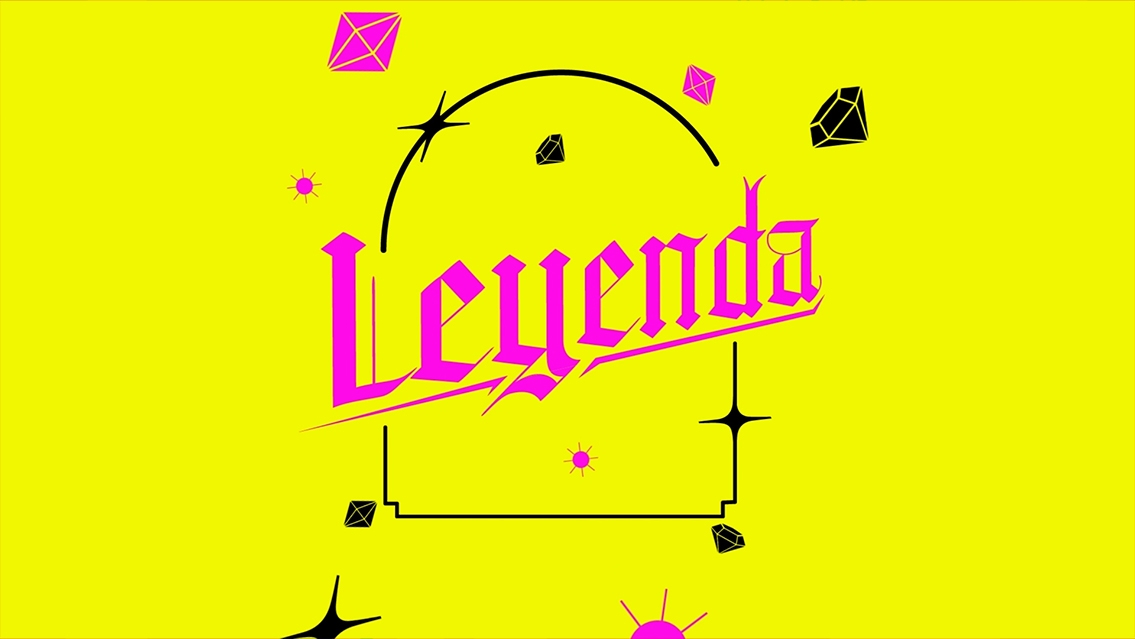 Image with a bright yellow background. In the middle you see the copy 'Leyenda' in pink illustrated letters.