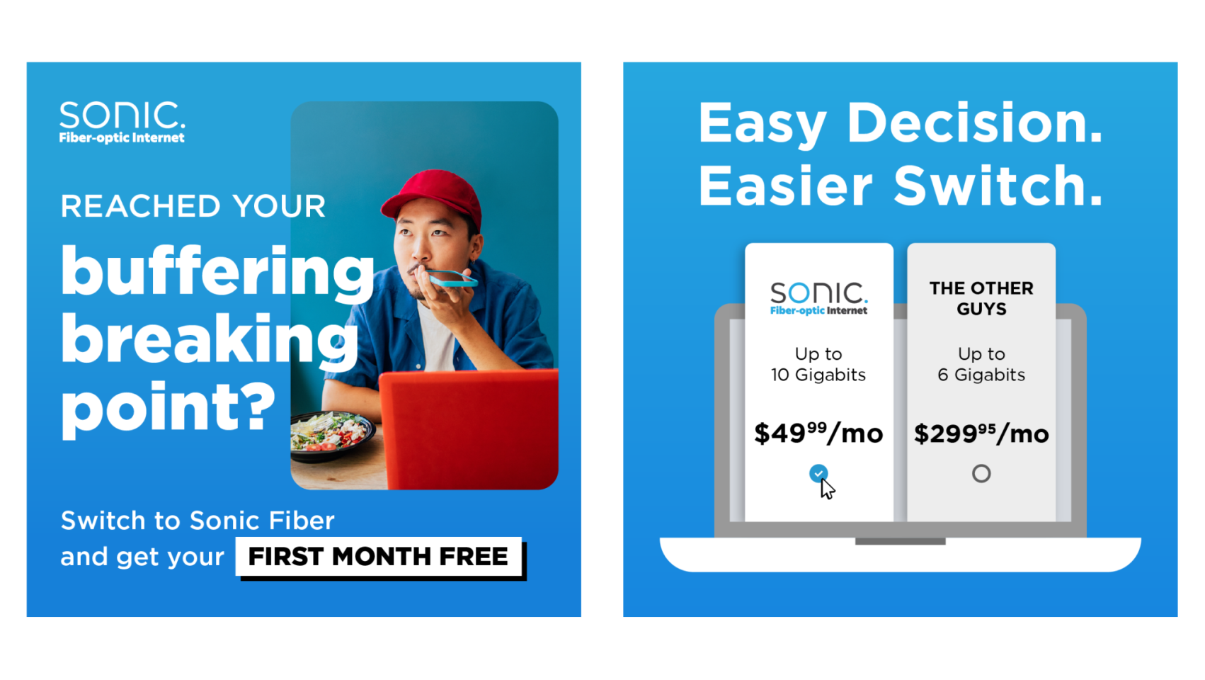 Sonic Telecom Ad Featuring Frustrated Internet User and Competitive Comparison