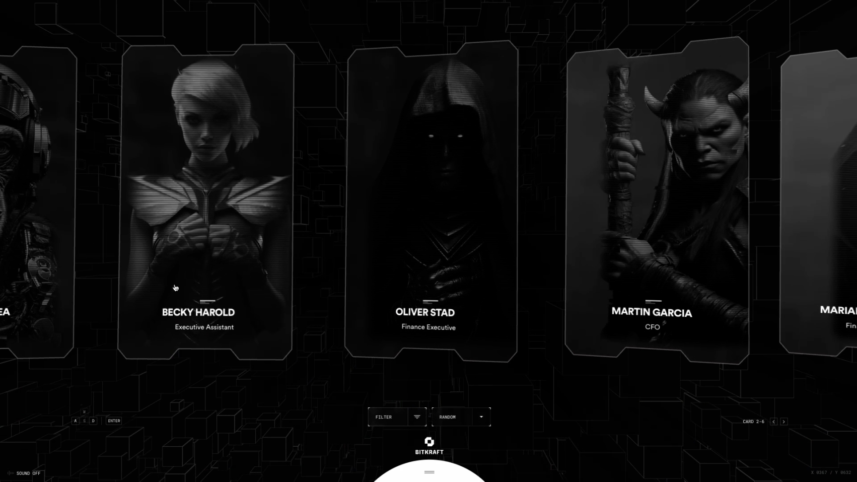 Dark with in light grey cards of an avatar with a name below it. One avatar is a futuristic woman, one looks like a dark lord and one like a warrior.