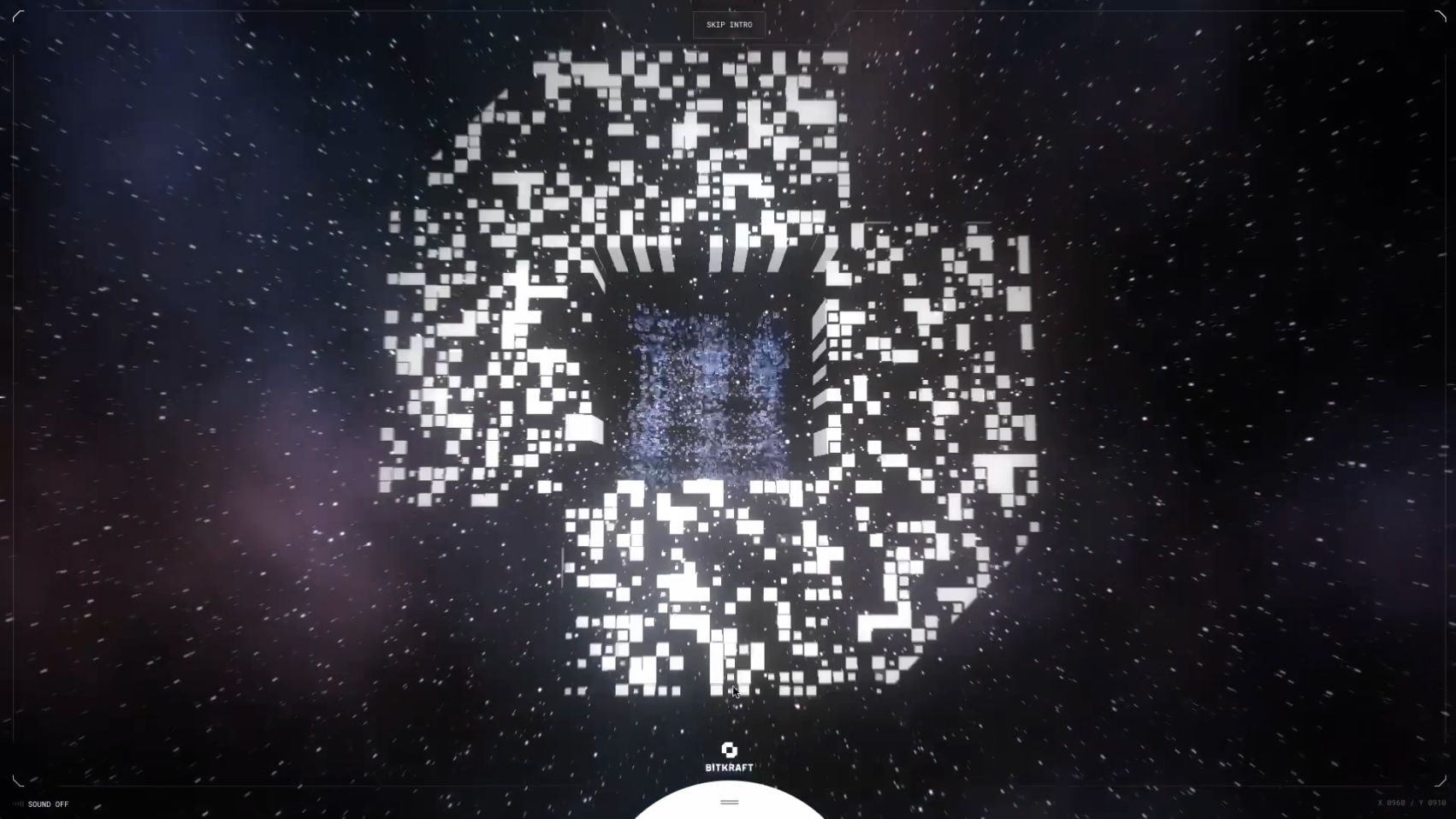 Form shaped outn o0f little white cubes is floating in a dark sky with stars. The logo for BITKRAFT is placed small at the bottom.