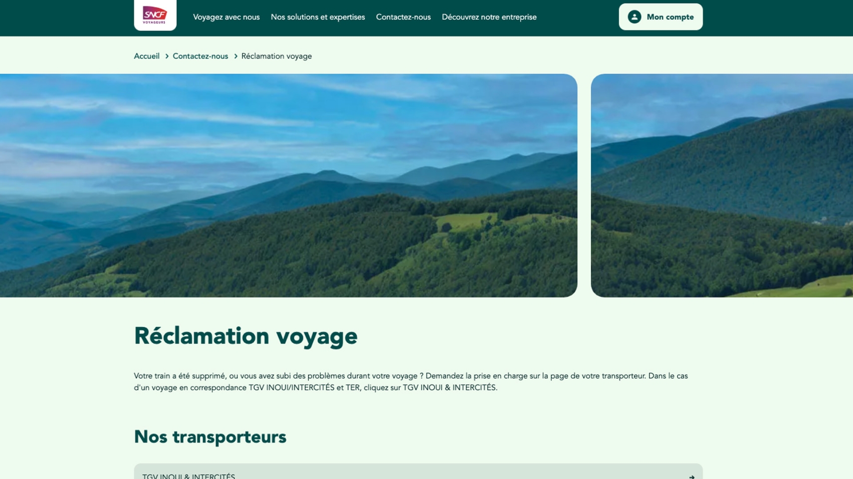 SNCF website with a banner of a an open field and green mountain range