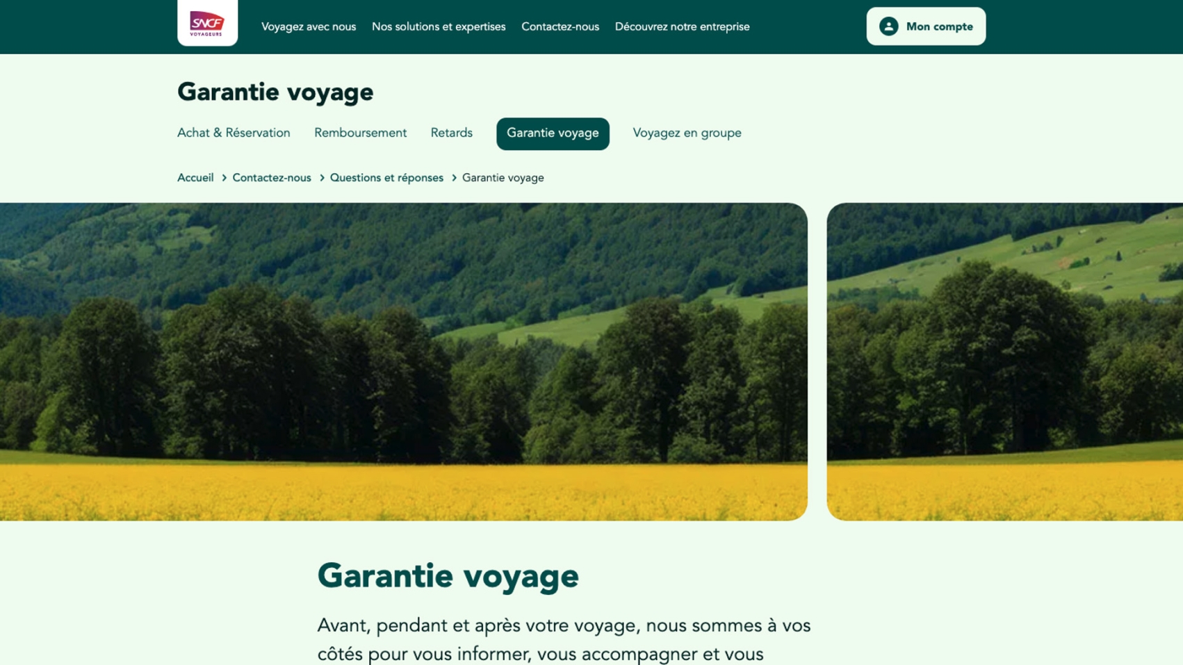 SNCF website with a banner of a an open field and flowers