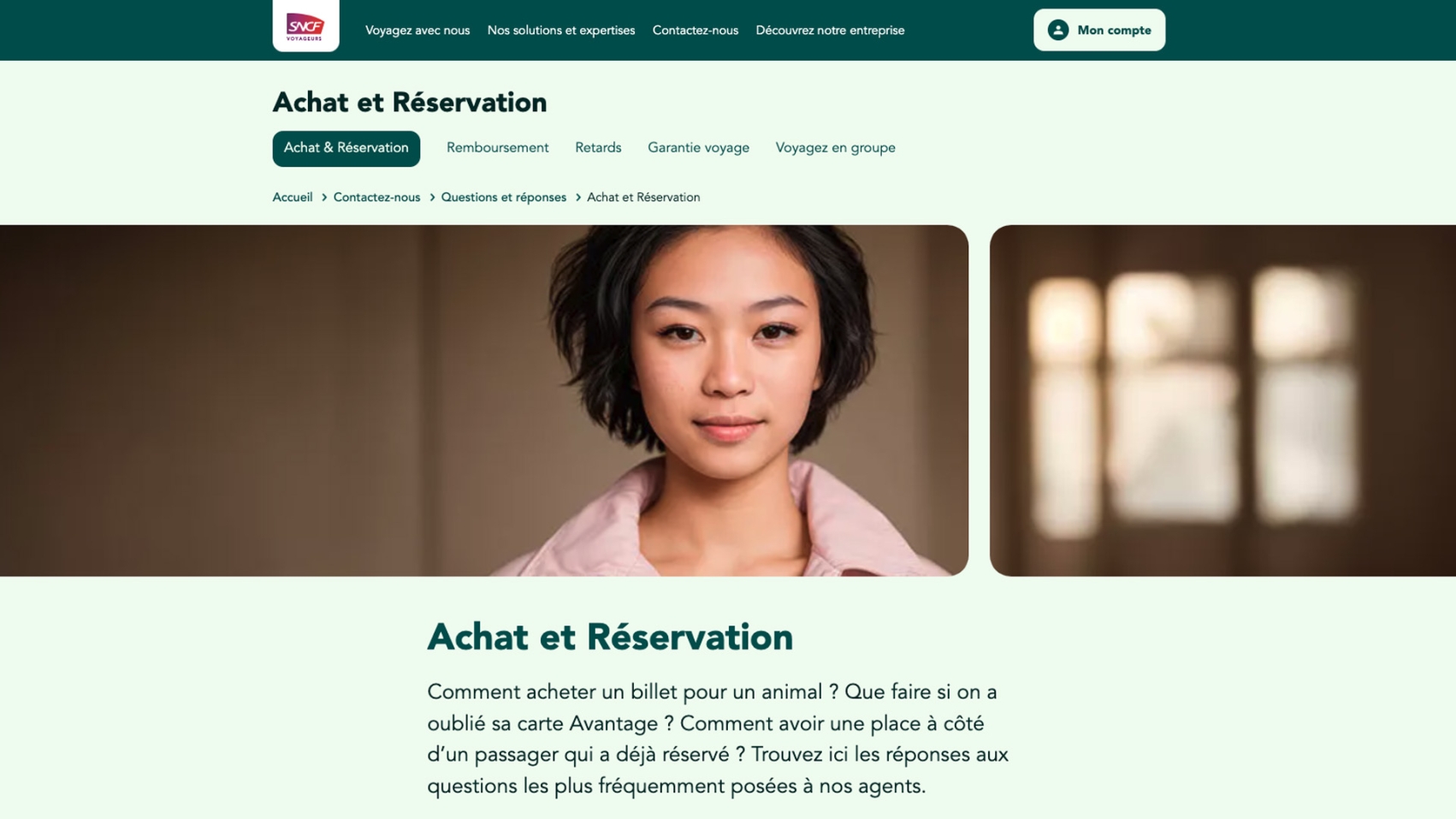 SNCF website with a banner of a woman