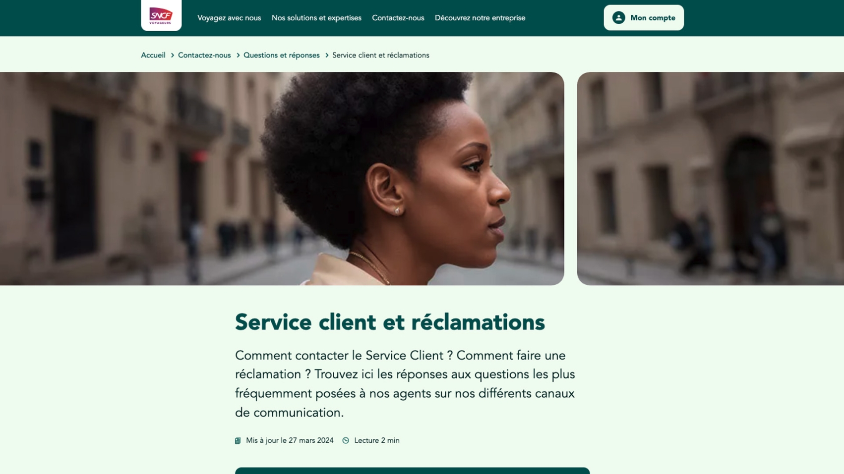 SNCF website with a banner of a woman