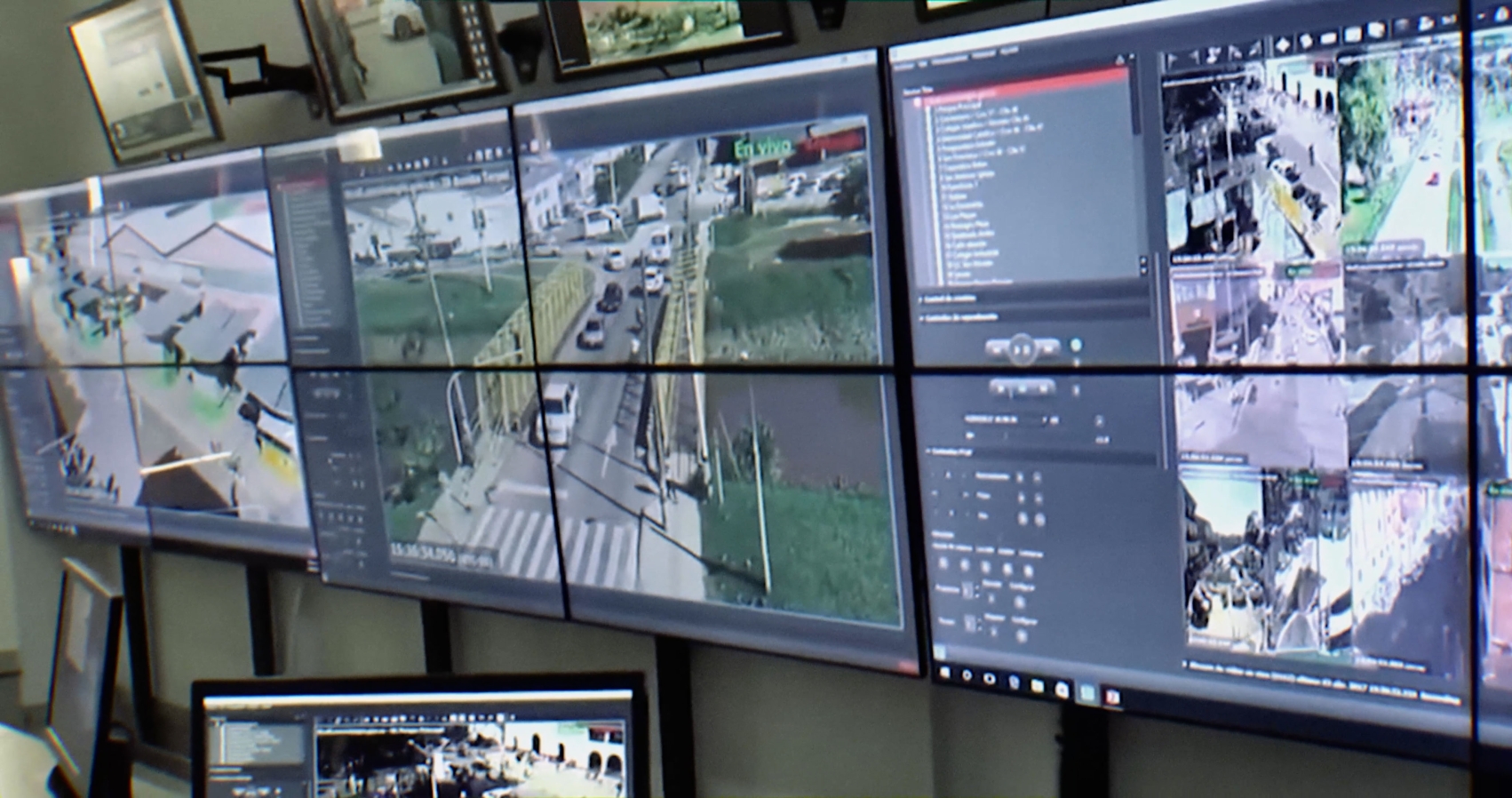 A surveillance center with monitors