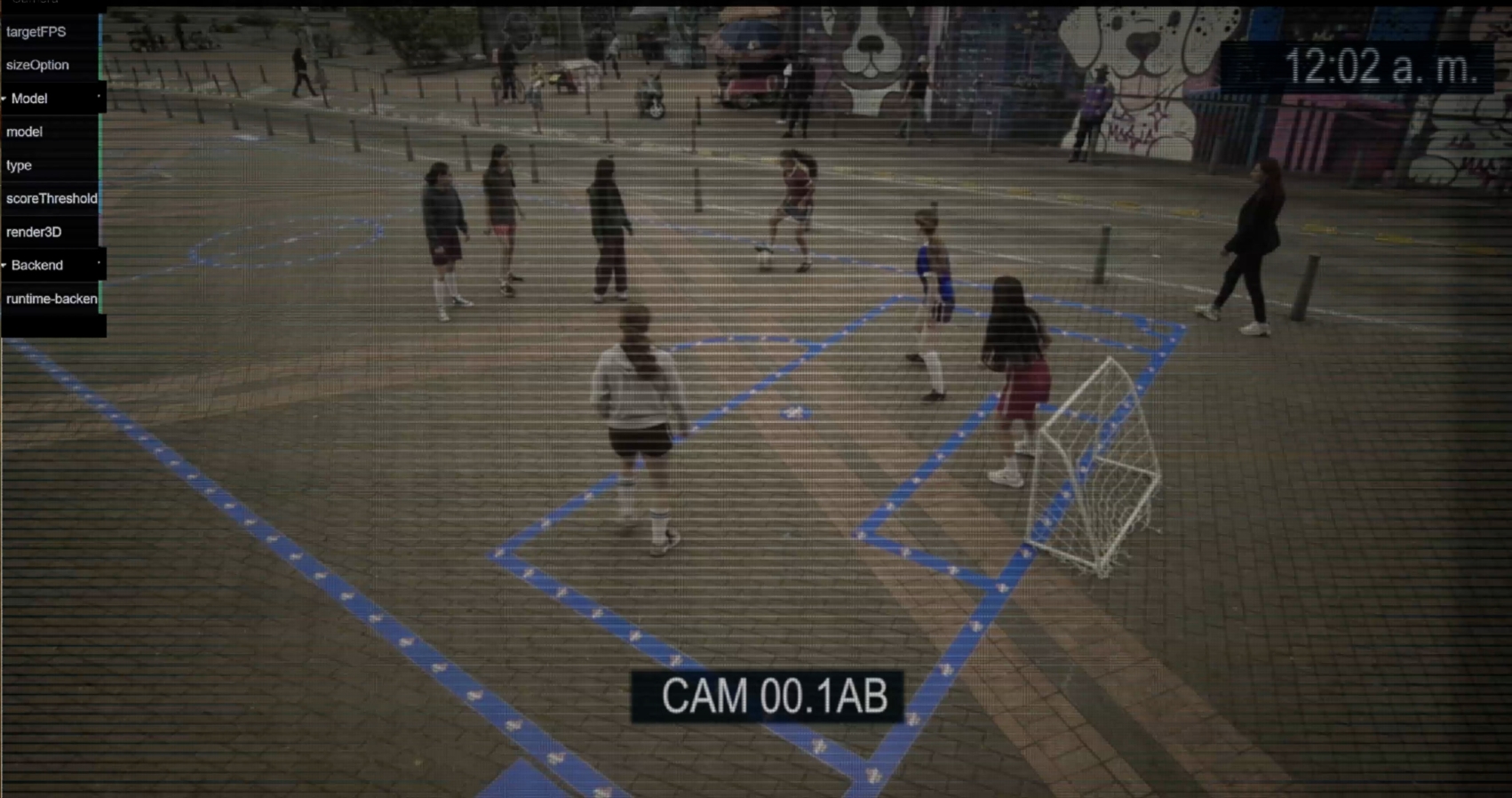 A camera view of a sports court with people playing