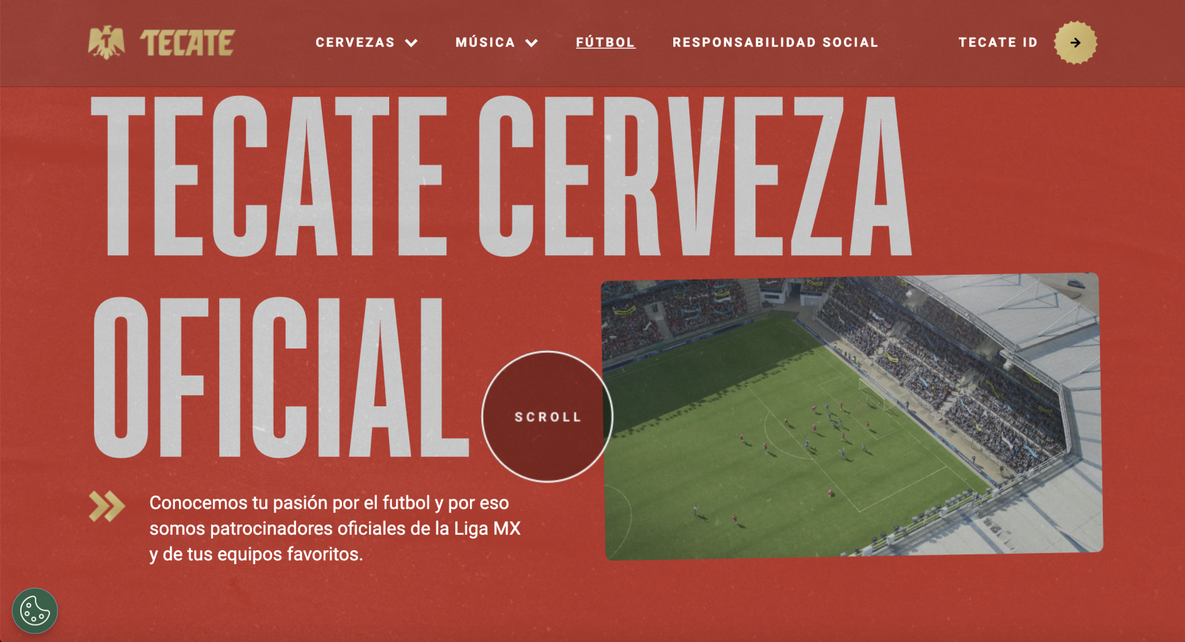 Tecate Futbol website landing page showing a game being played