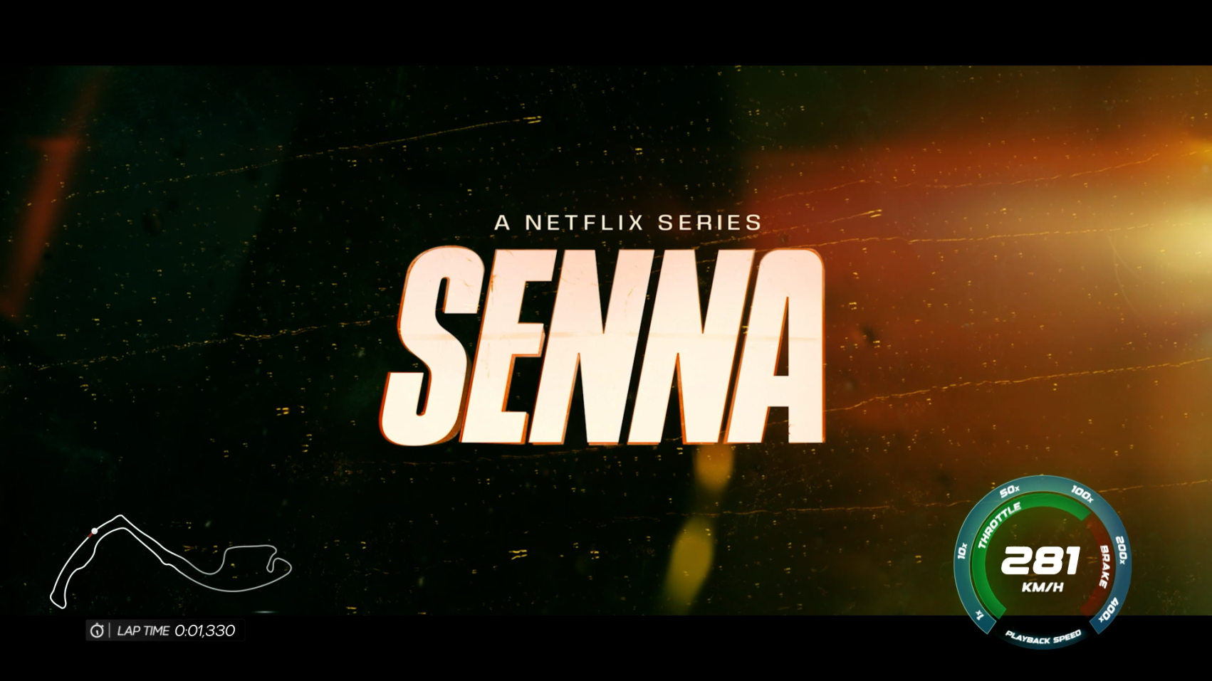 The image features the title "SENNA," presented as a Netflix series, with speed metrics and a racetrack outline, suggesting a focus on high-speed racing.