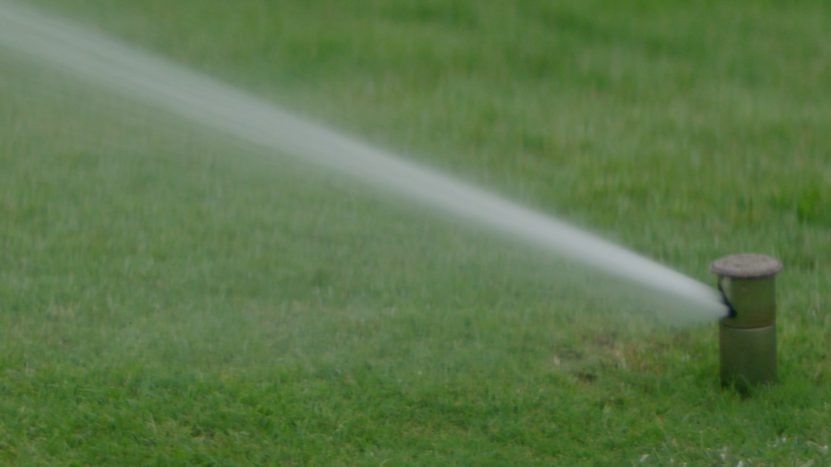 The image shows a sprinkler watering a green lawn, with water spraying out in a diagonal stream.