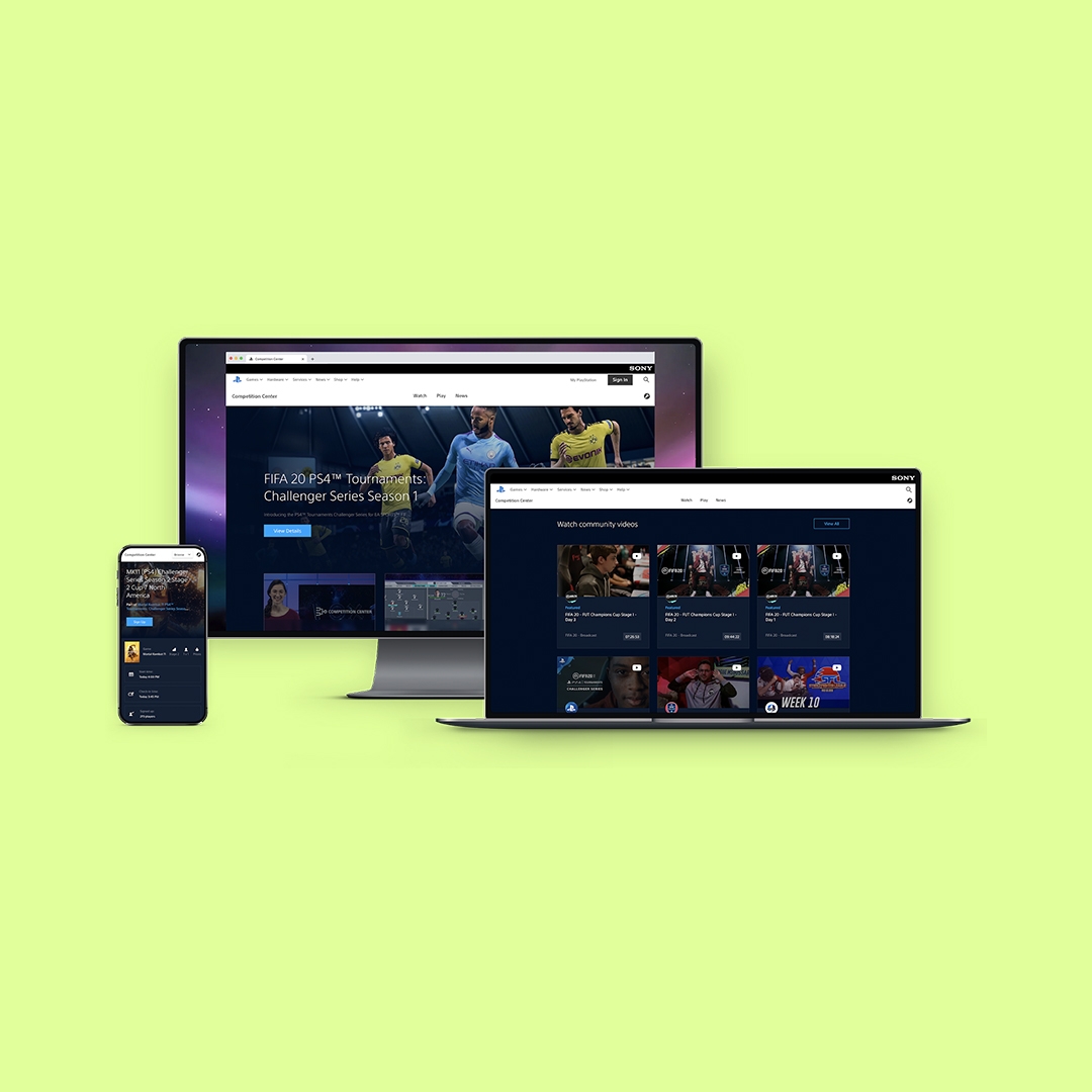 Mockup of a laptop and mobile showing the FIFA start screen for the Playstation.