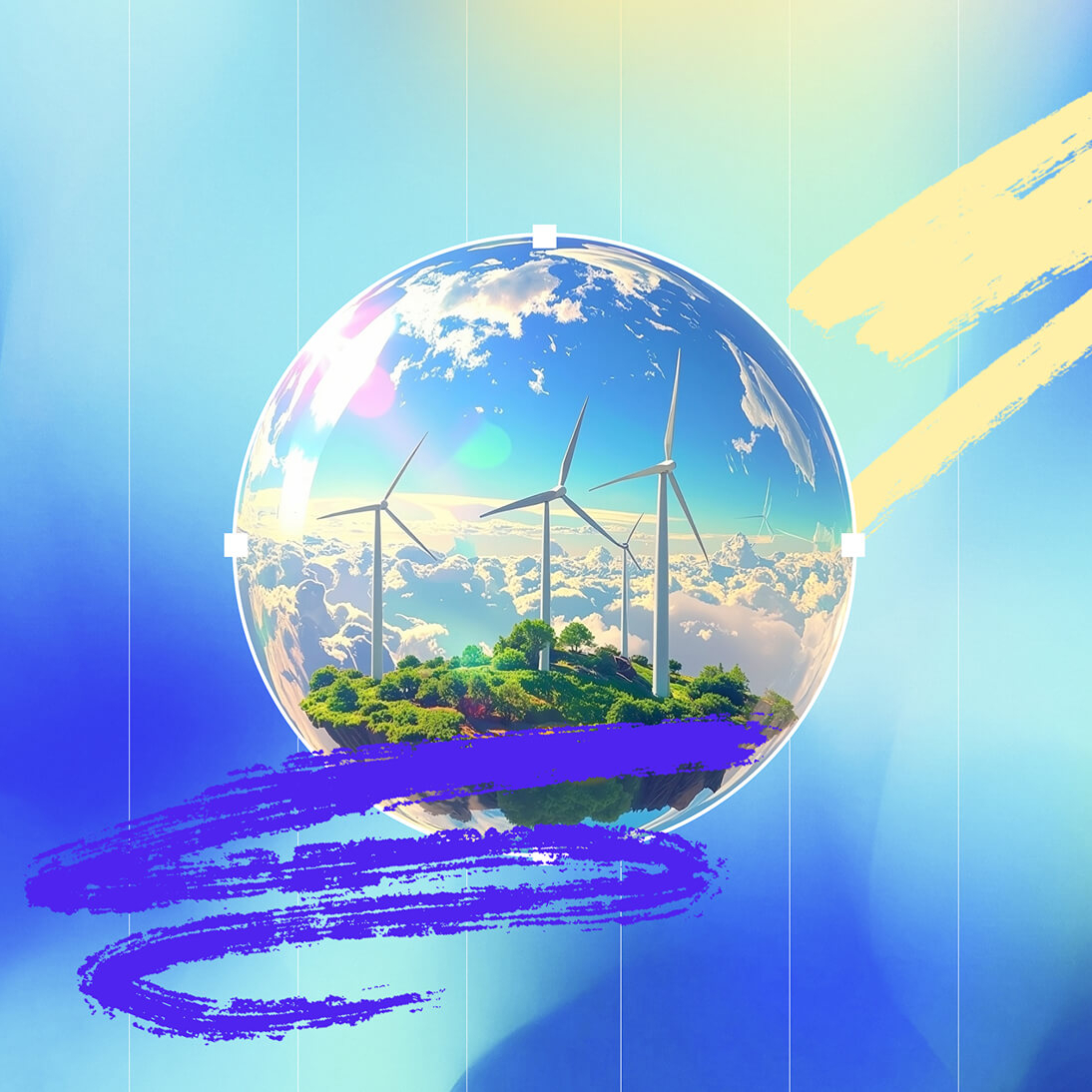 A glass orb with a hilltop among the clouds that has wind turbines on top.