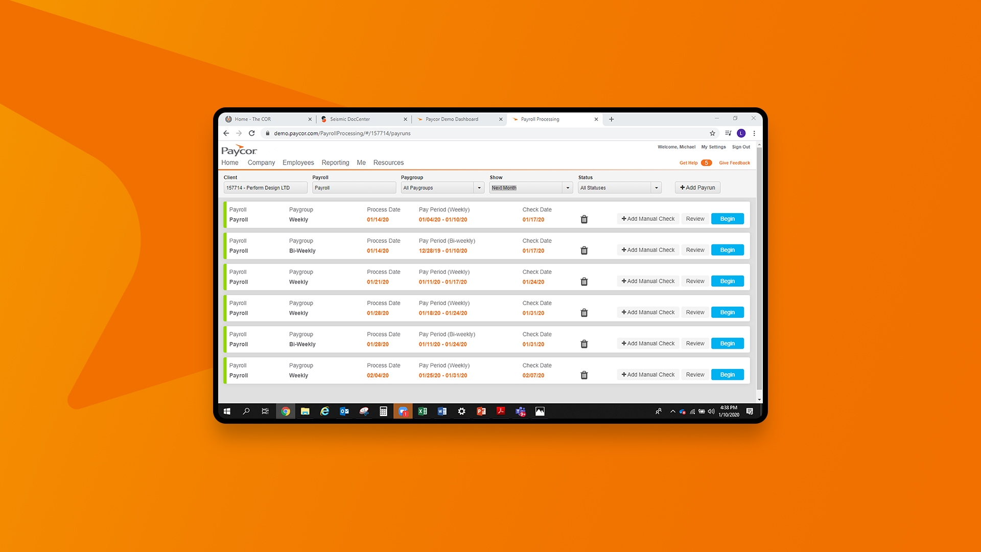 A computer showing the paycor app