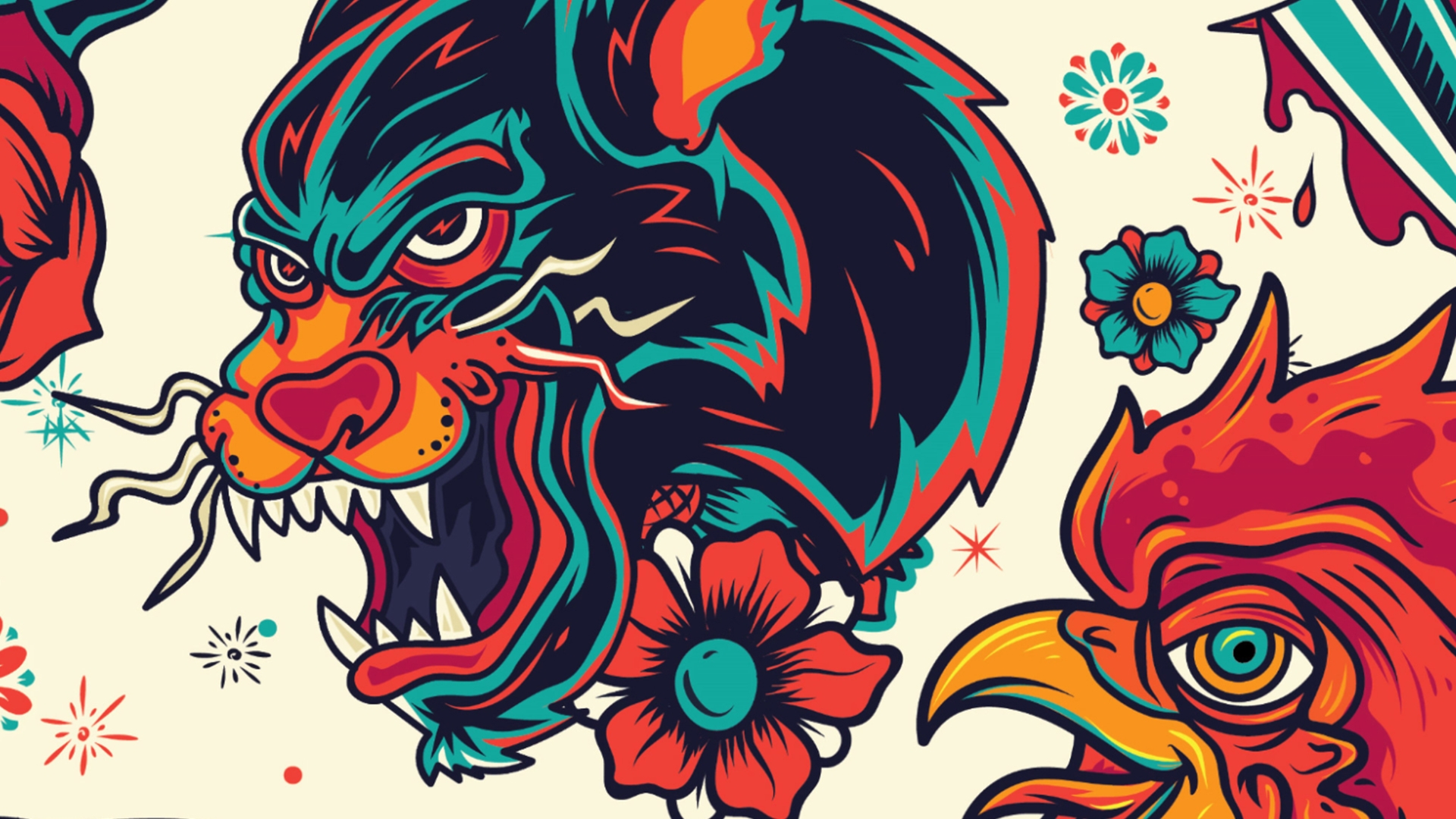 A colorful tattoo pattern showing a tiger and rooster