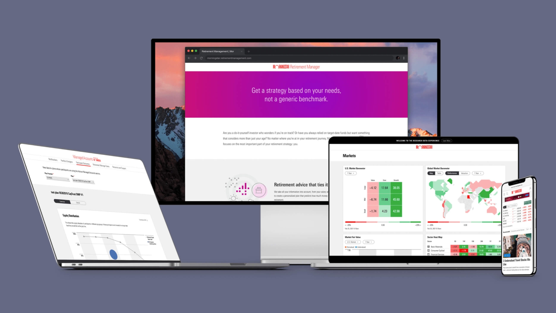Morningstar interfaces on different devices such as a laptop, desktop, ipad, and phone