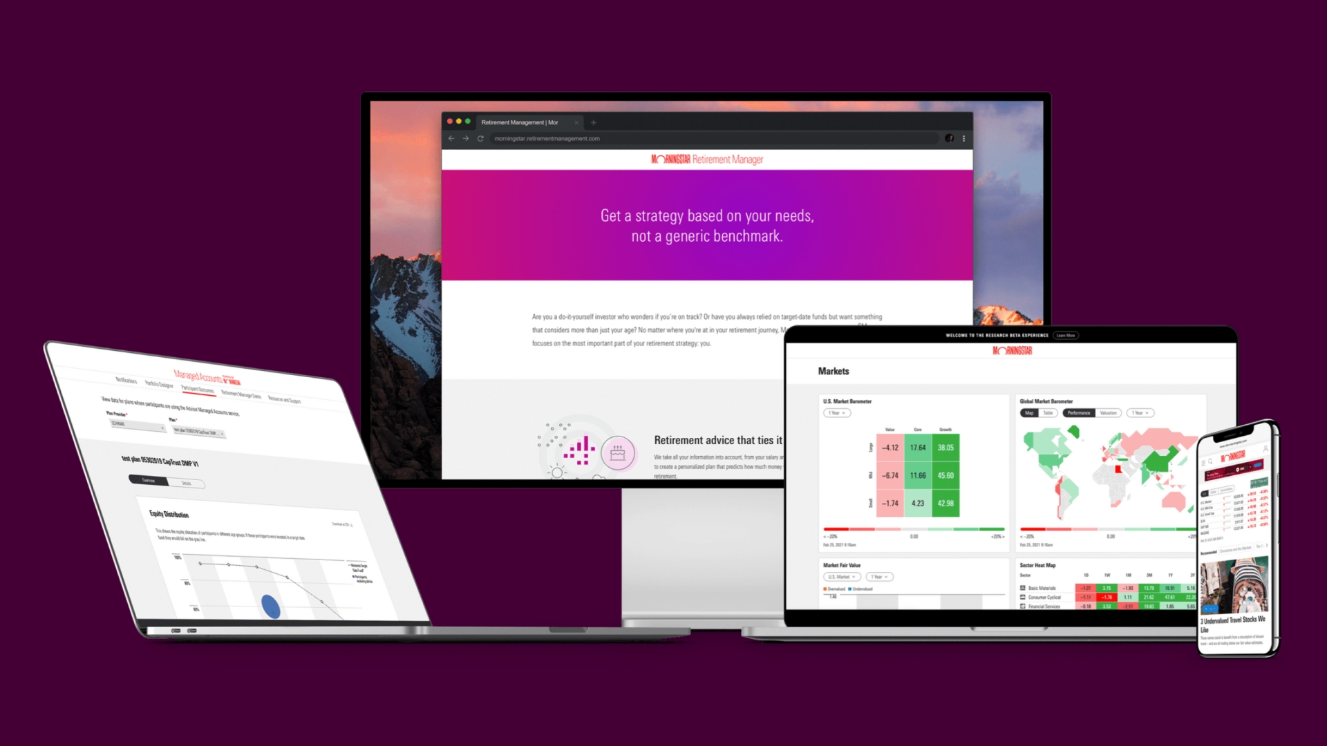 Morningstar interfaces on different devices such as a laptop, desktop, ipad, and phone