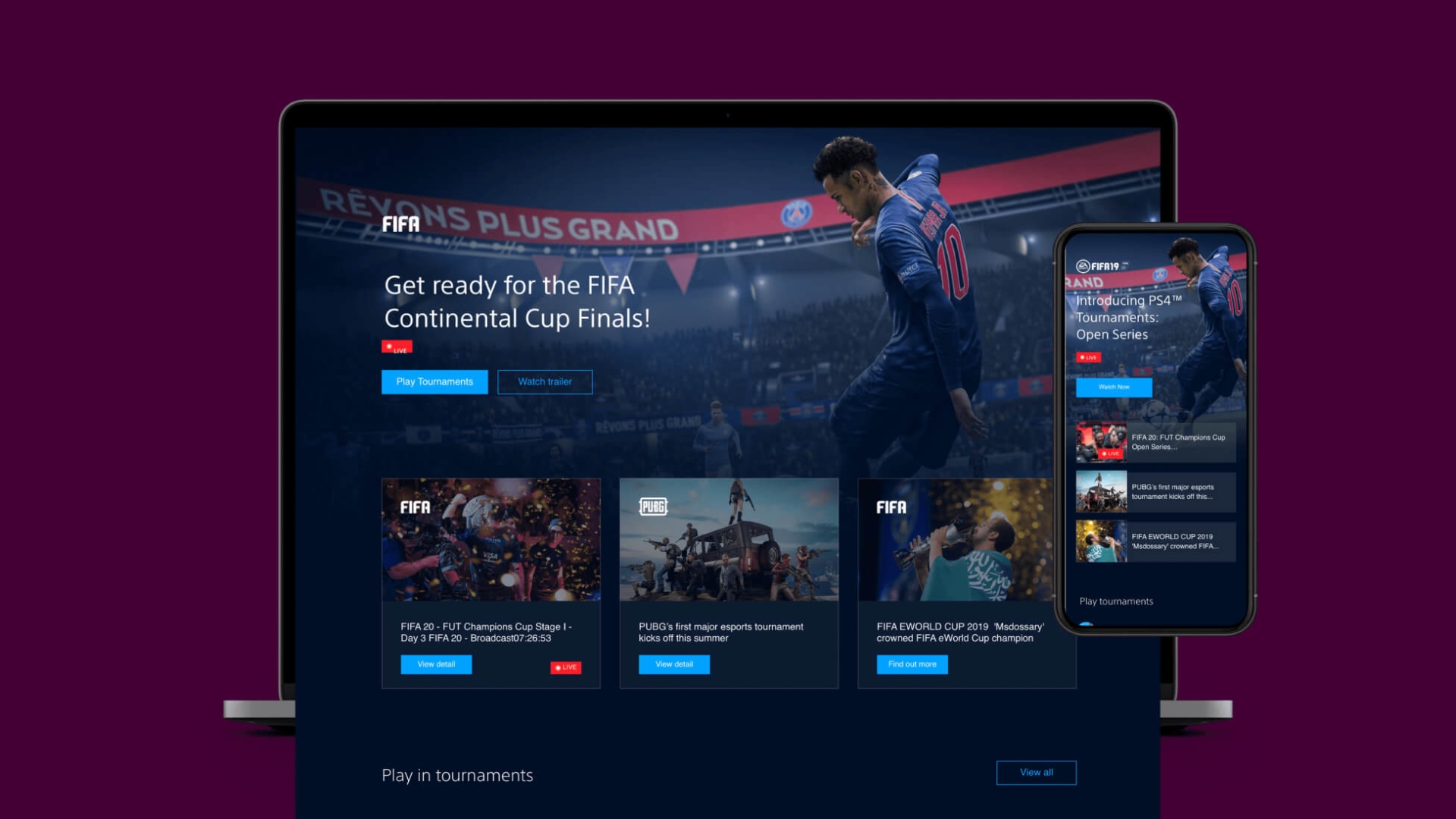 Mockup of a laptop and mobile showing the FIFA start screen for the Playstation.