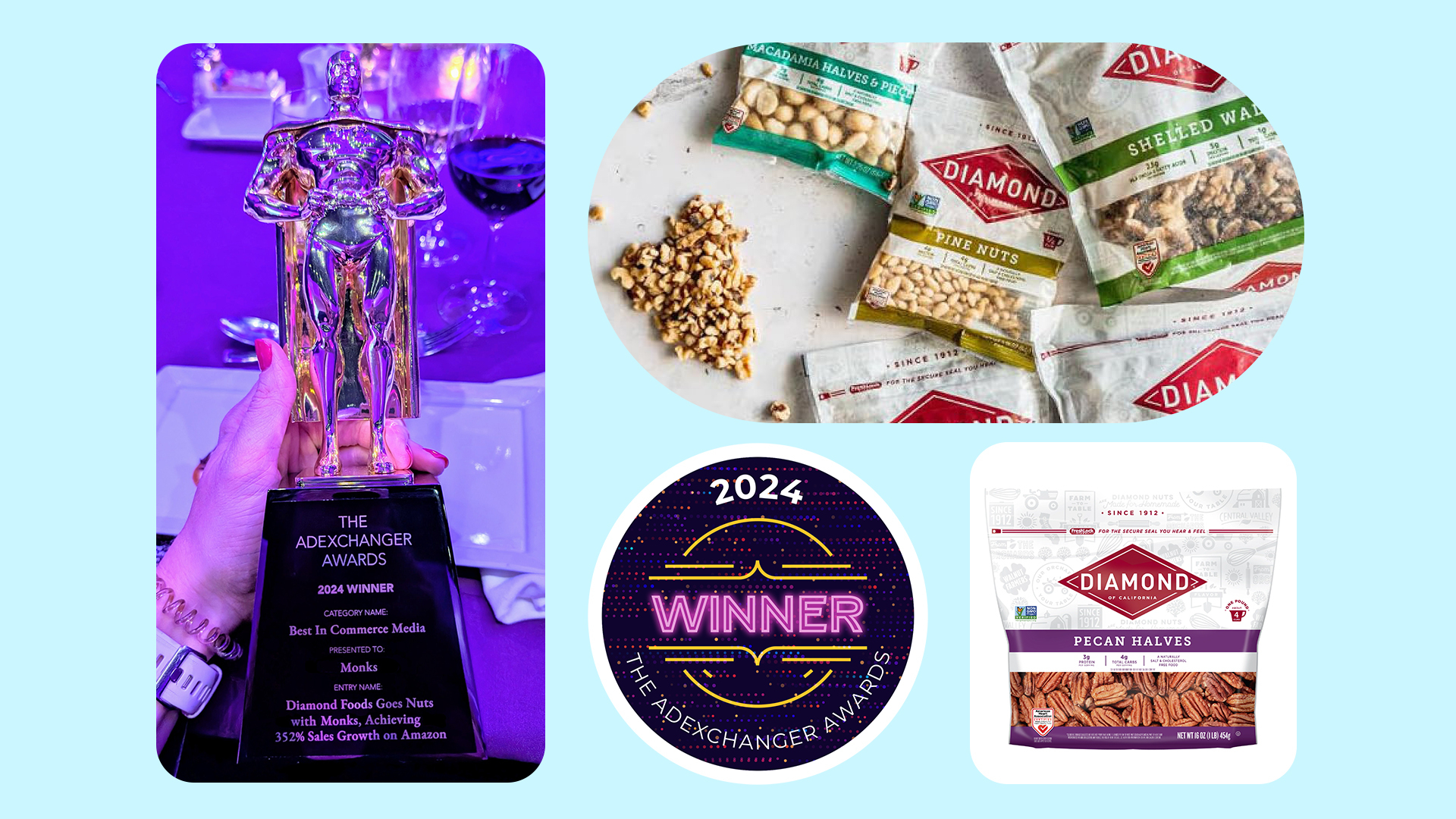 A collage with different images. An award. A badge and two images with Diamond food nuts.