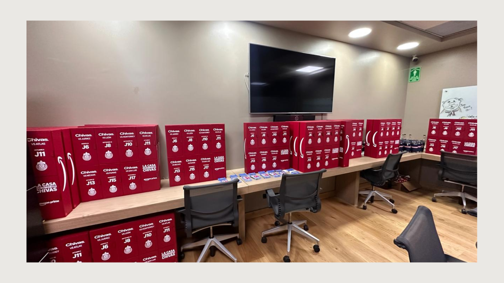 Chivas Lockers lining a desk in an office