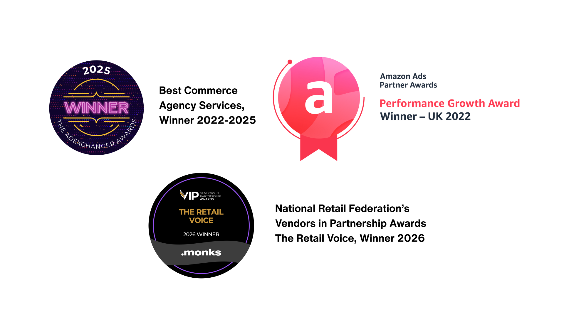 Badges of Retail and Ecommerce awards that Monks has won, including AdExchanger Award for Best Commerce Services, Amazon Ads Partner Awards, and NRF's Retail Voice Award 2026