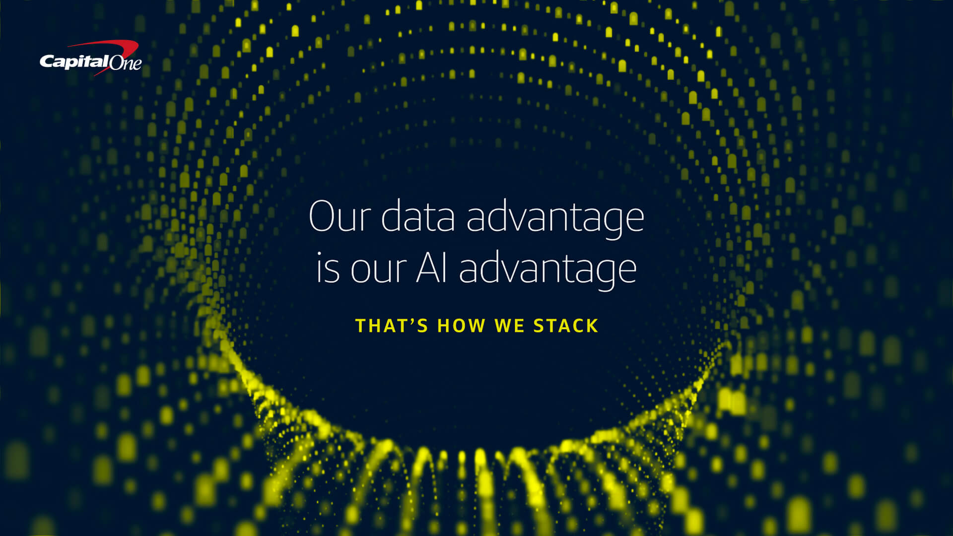 A digital graphic with a dark blue background featuring a swirling, three-dimensional tunnel made of small, glowing yellow dots. The Capital One logo is in the top left corner. Centered on the screen is white text that reads, "Our data advantage is our AI advantage," followed by smaller yellow text underneath saying, "THAT'S HOW WE STACK."