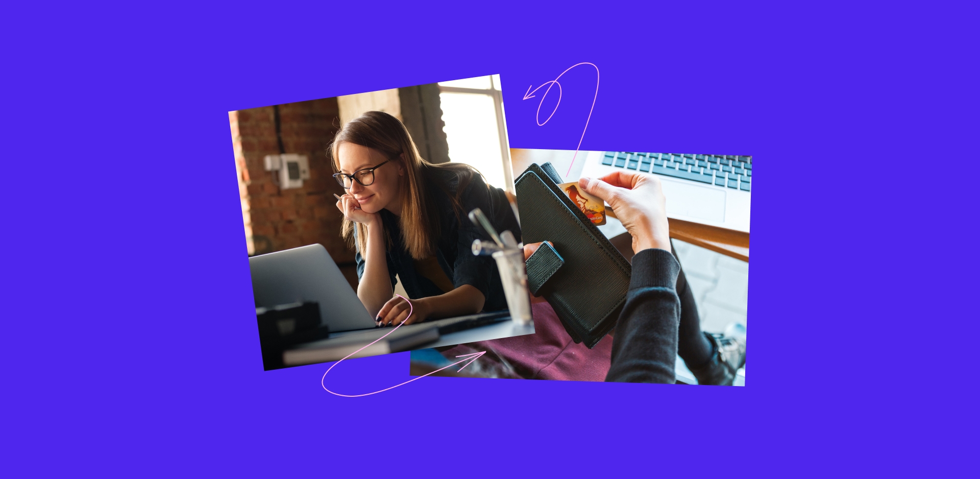 A woman on a computer and another person getting a credit card out of a bag