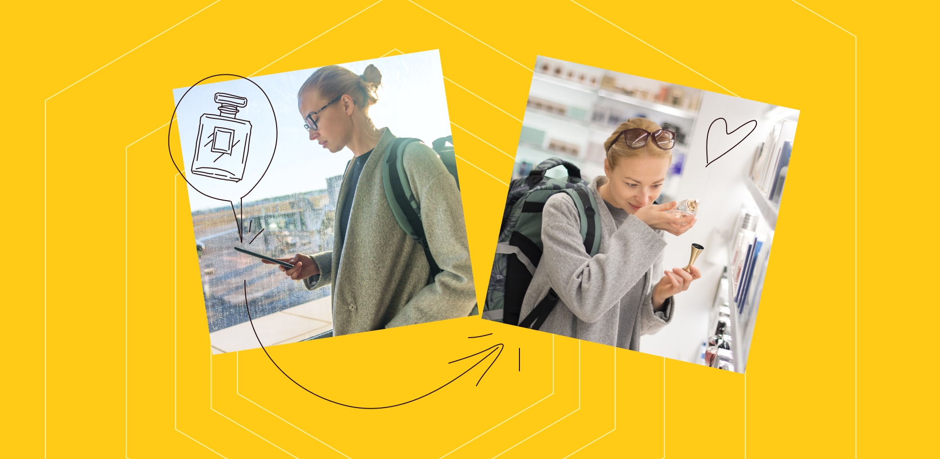 two images of people: on the left, a woman looking at her phone. On the right, the same woman smelling perfume at a store