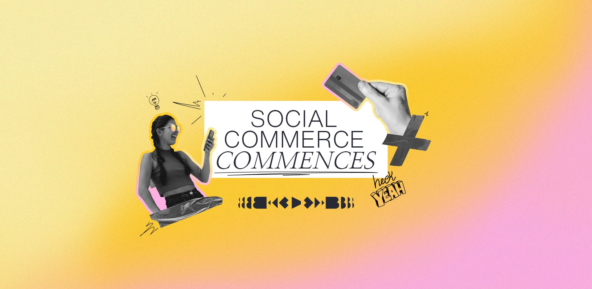 A girl on her phone and a hand holding a credit card on a colorful background