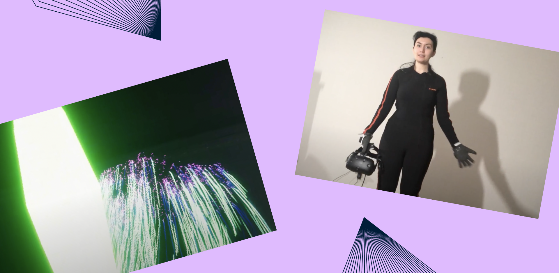 Two images against a lilac background: the left is a visualization of motion produced by a mocap suit in the form of light streaks; the right is a woman wearing a motion capture suit
