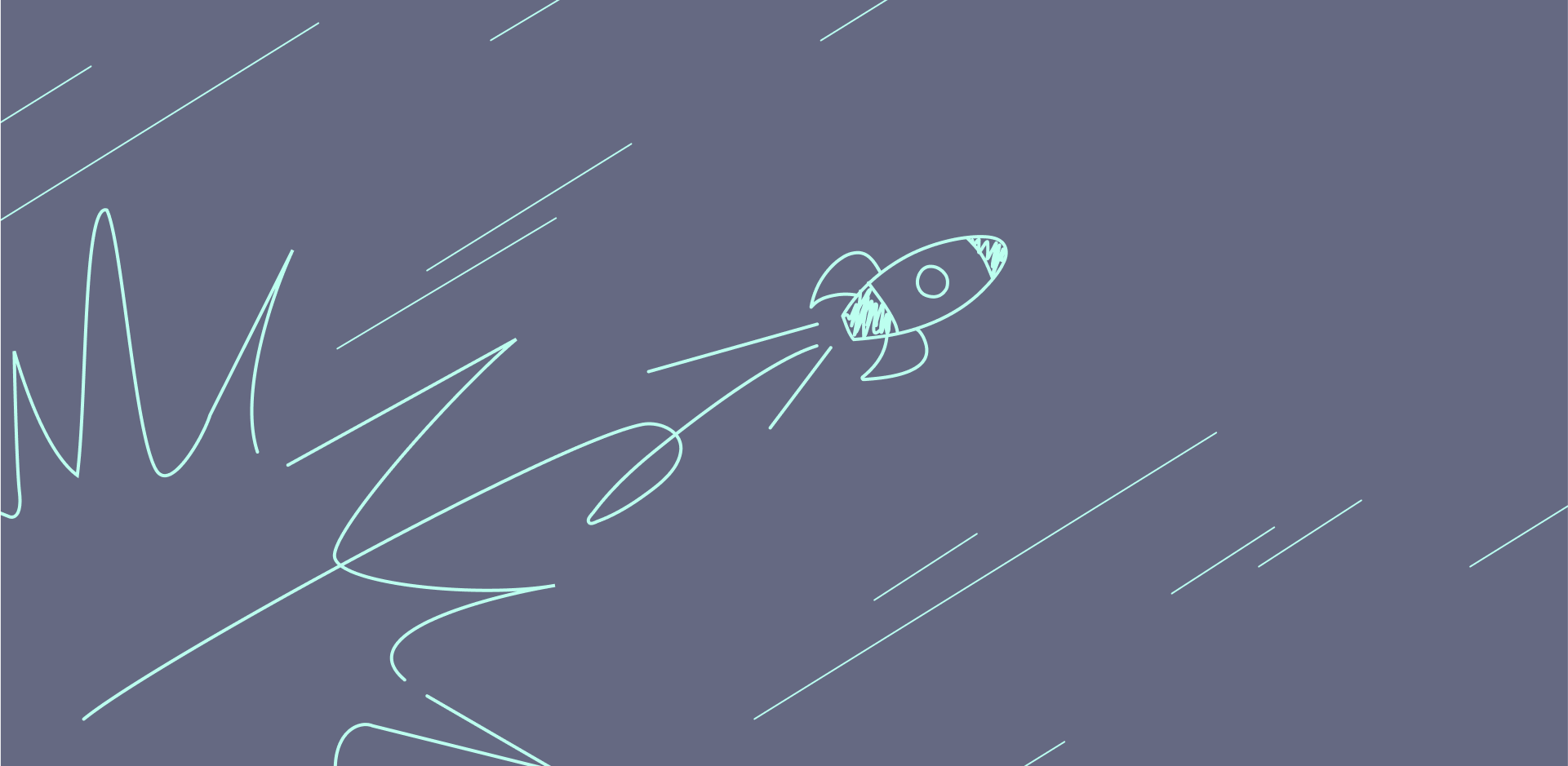 A hand drawn rocket ship flies through the sky