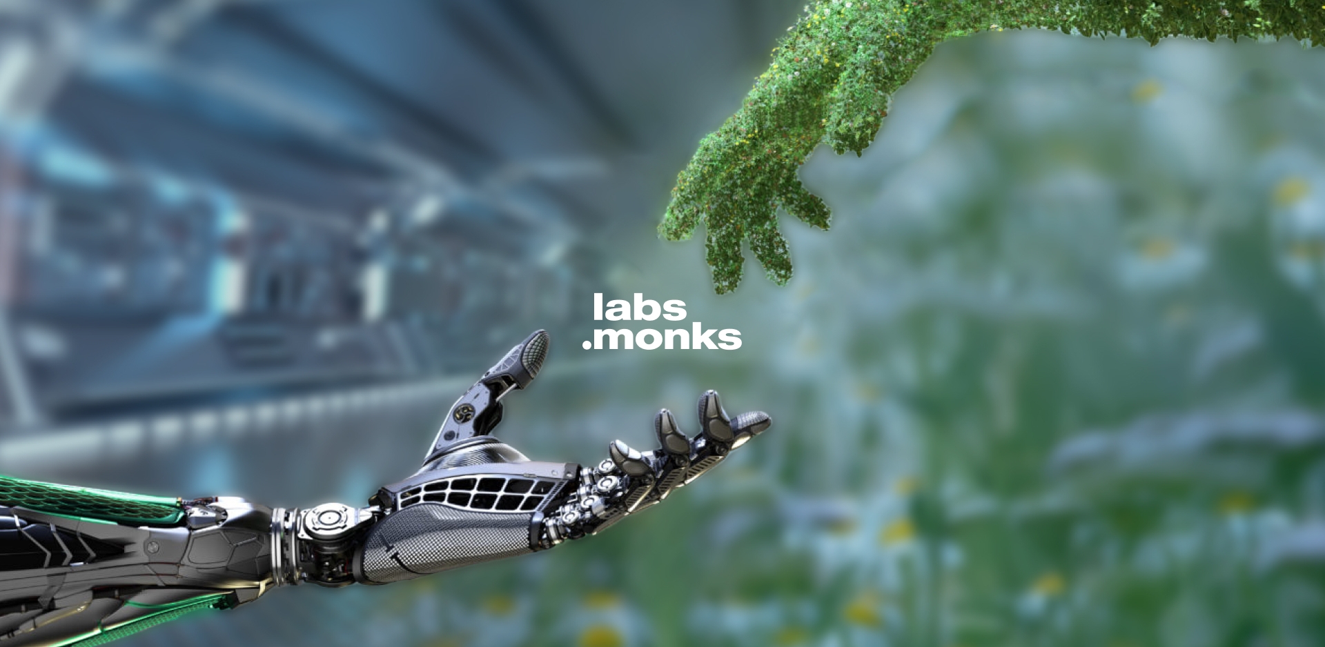 two hands reaching out to each other, one made of metal and one made of leaves