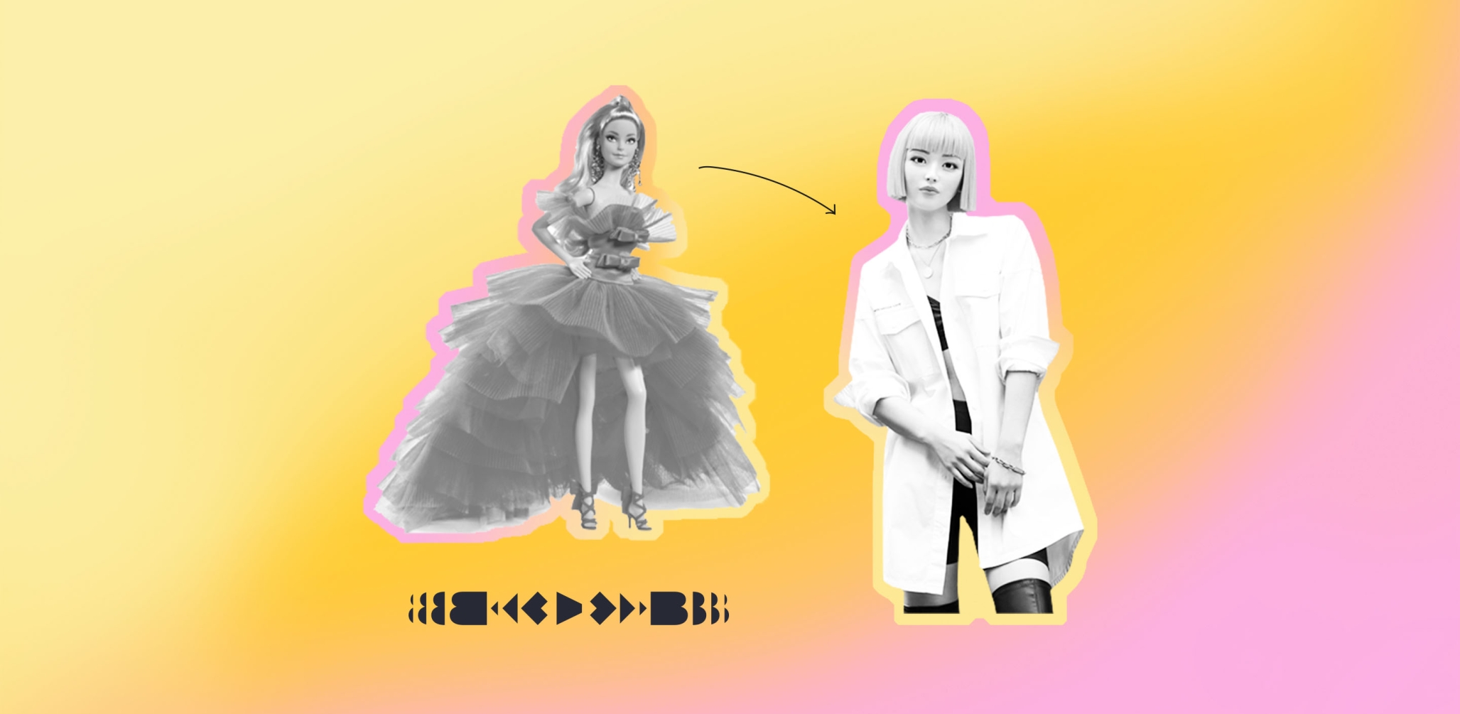 A barbie doll and a young girl stand side by side