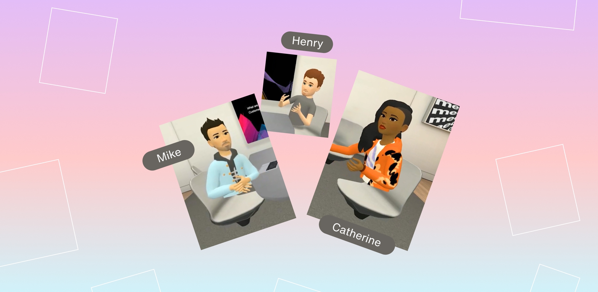 Three avatars in meta workrooms discussing the metaverse