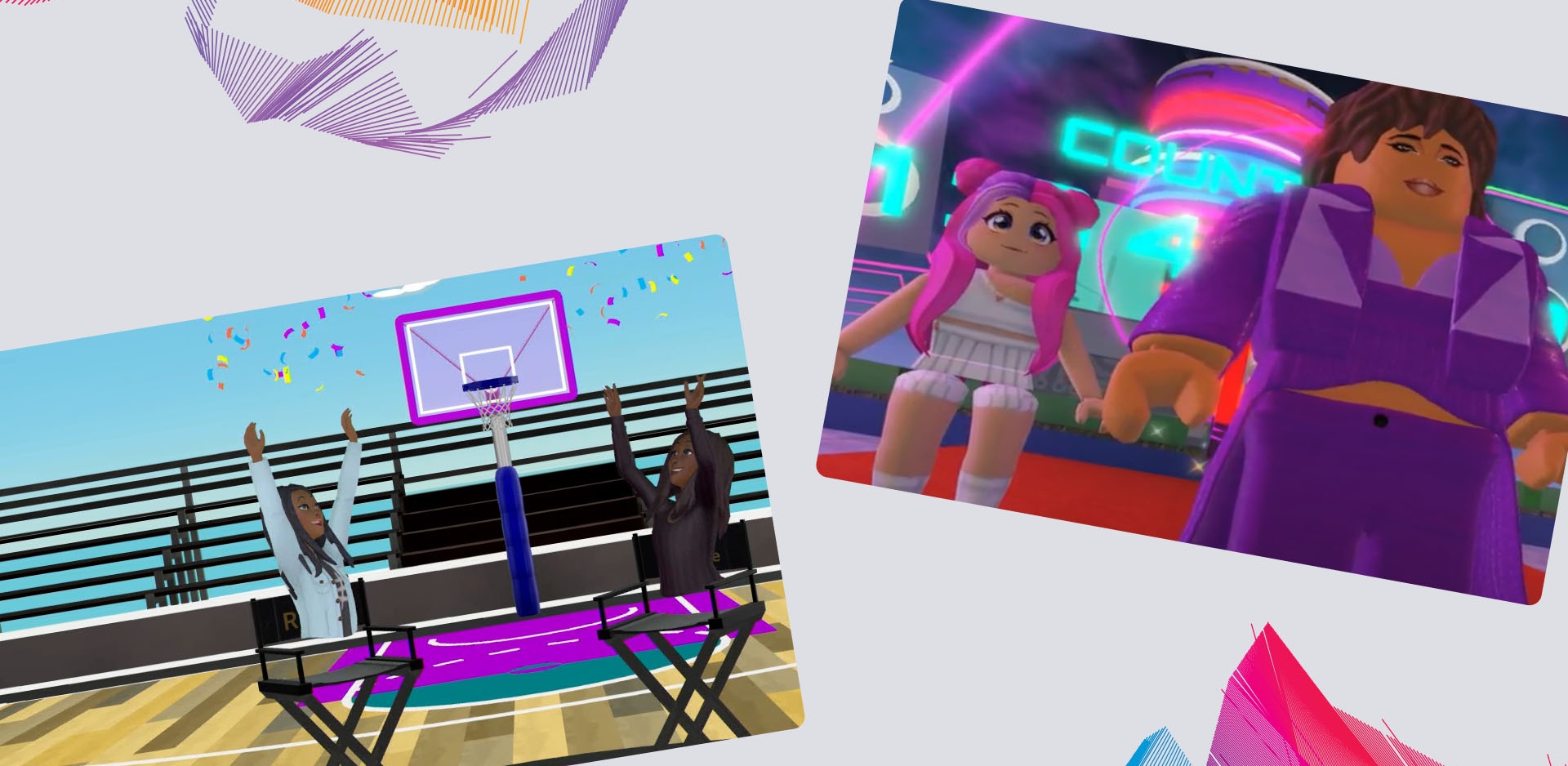 A group of roblox characters stand in front of a sign and two women sit on a virtual basketball court for an interview